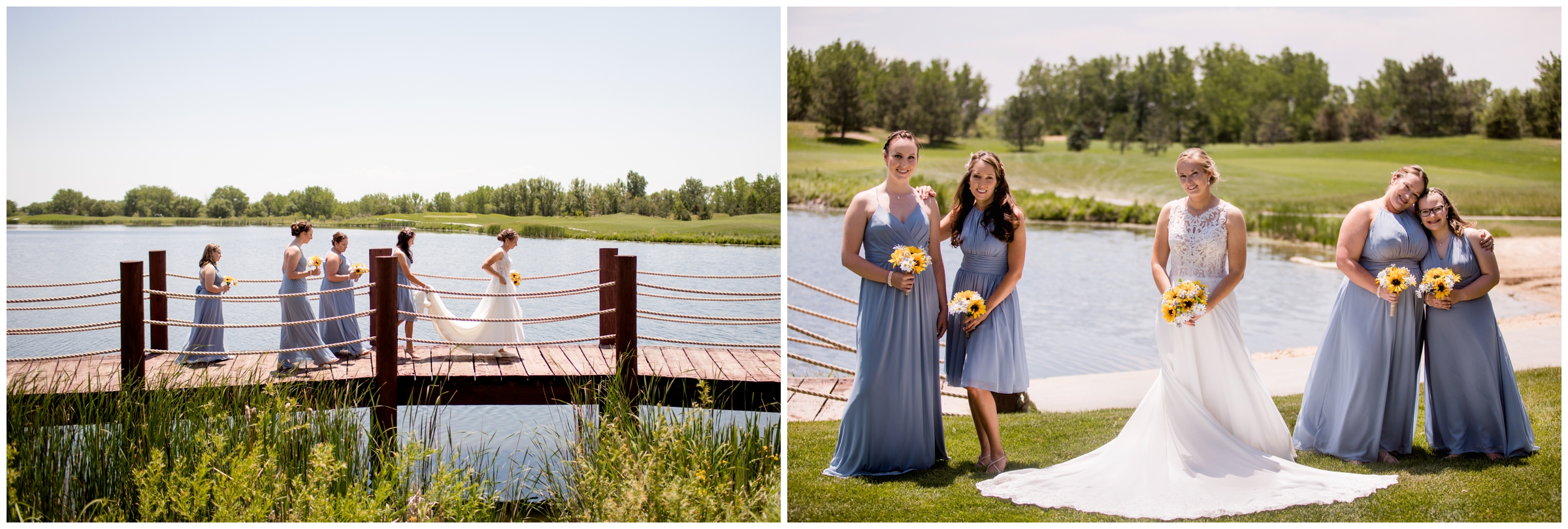 bride and bridesmaids walking on dock during summer wedding at Pelican Lakes Golf Course Colorado 
