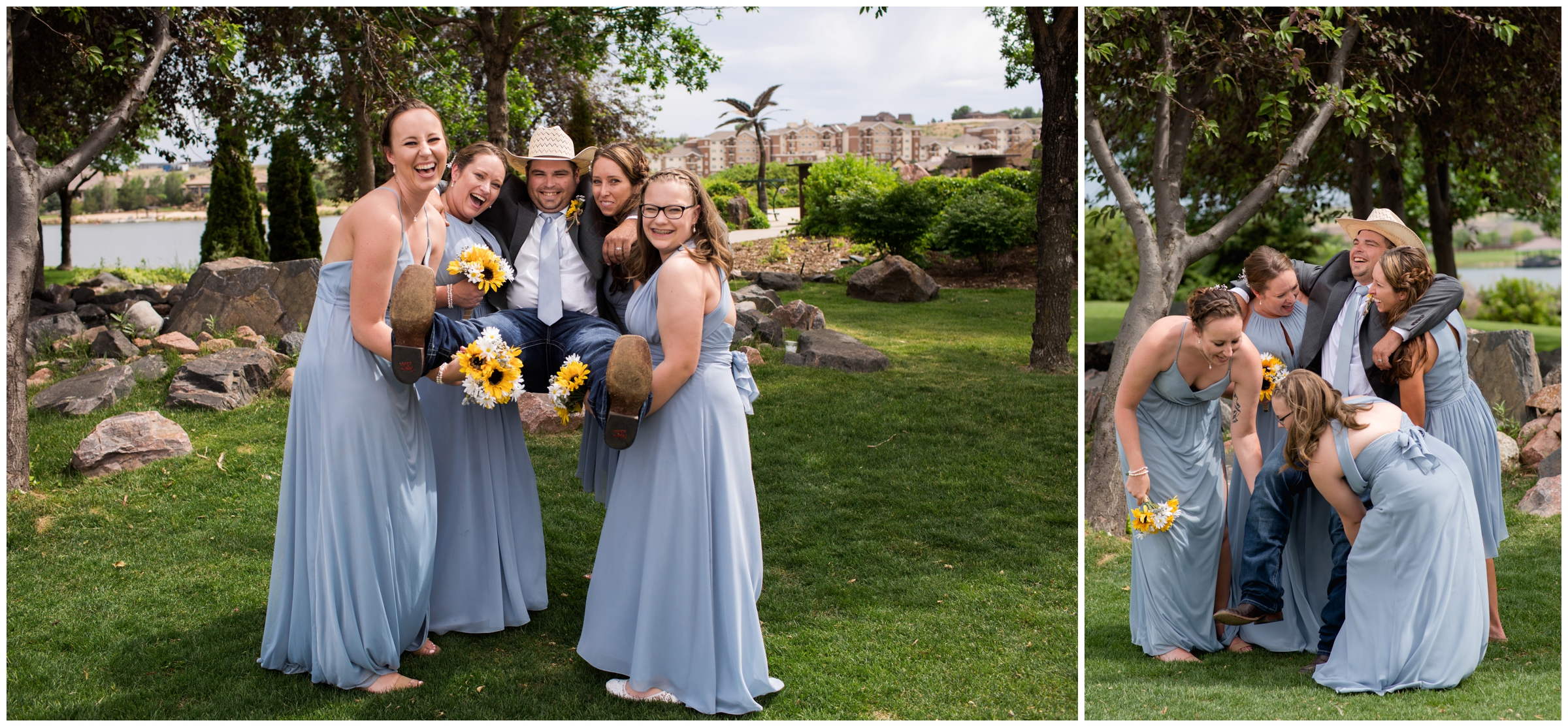 bridesmaids lifting groom at Pelican Lakes Golf Course wedding in Windsor Colorado 