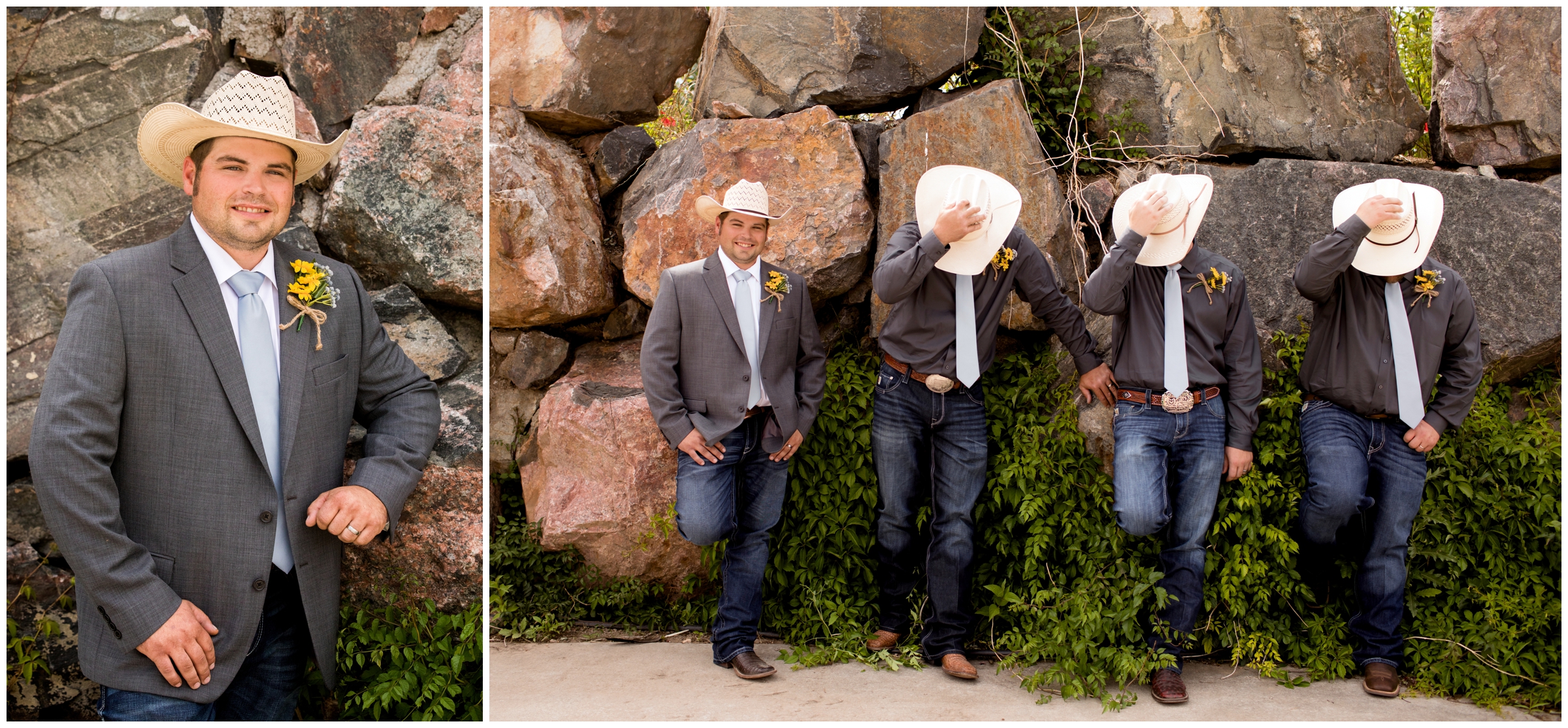 groom and groomsmen in jeans and cowboy hats at Windsor Colorado summer wedding 