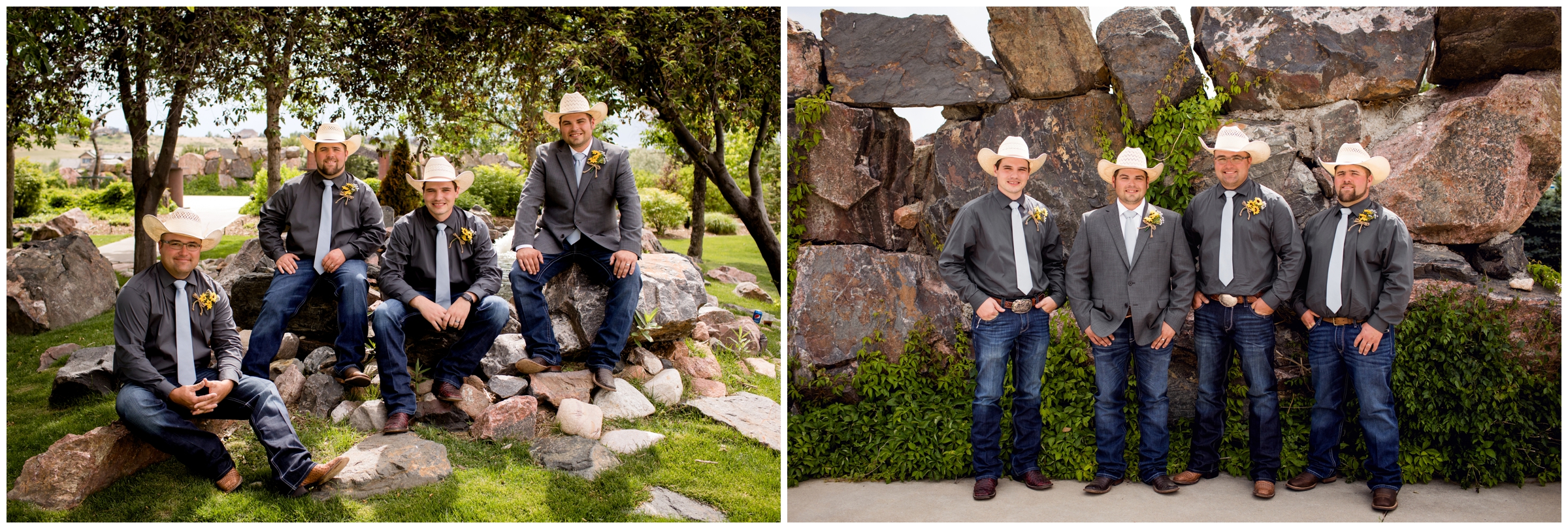 groom and groomsmen in cowboy hats at Colorado golf course wedding