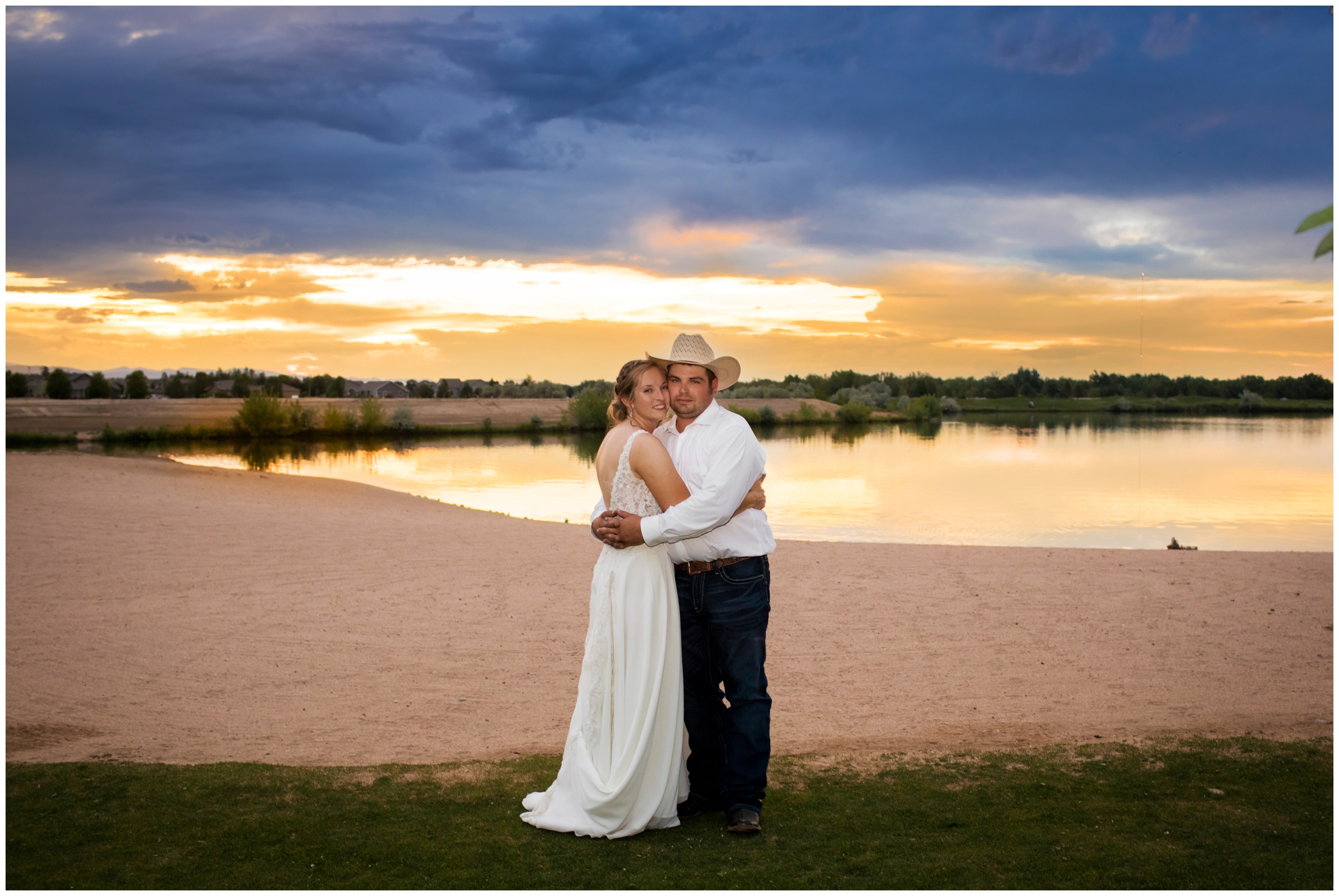bride and groom cuddling at sunset at Pelican Lakes wedding in Windsor Colorado 