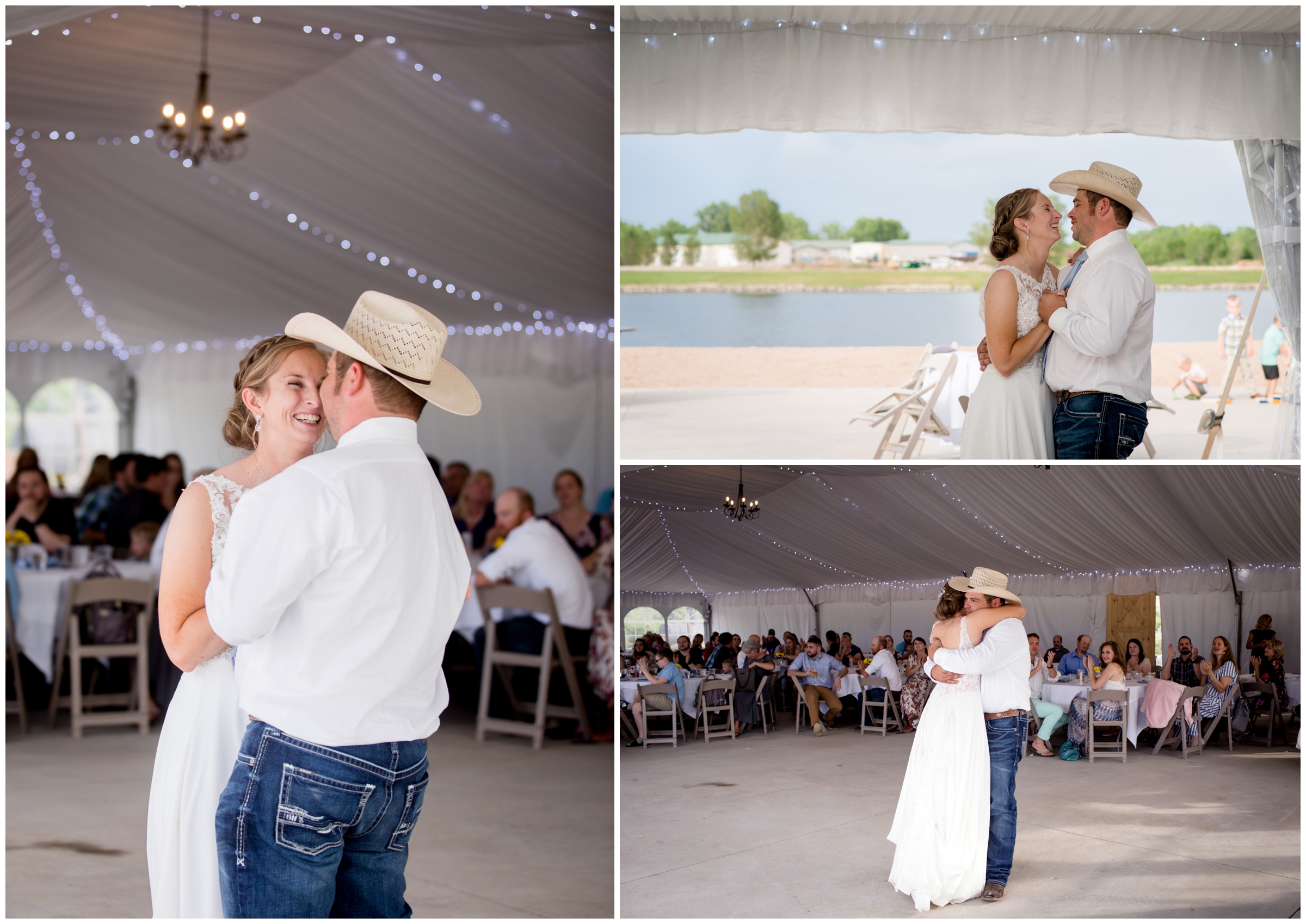 couple doing their first dance at Colorado tented wedding reception in Windsor 