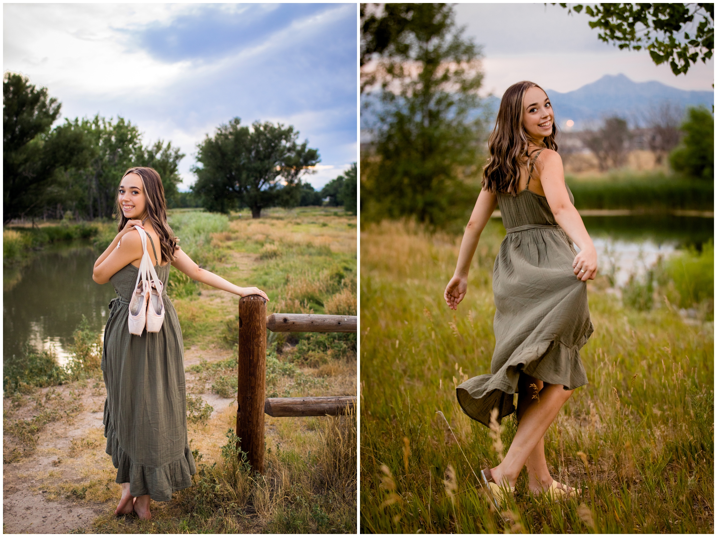 girl holding pointe shoes during Skyline High senior photos in Longmont Colorado 