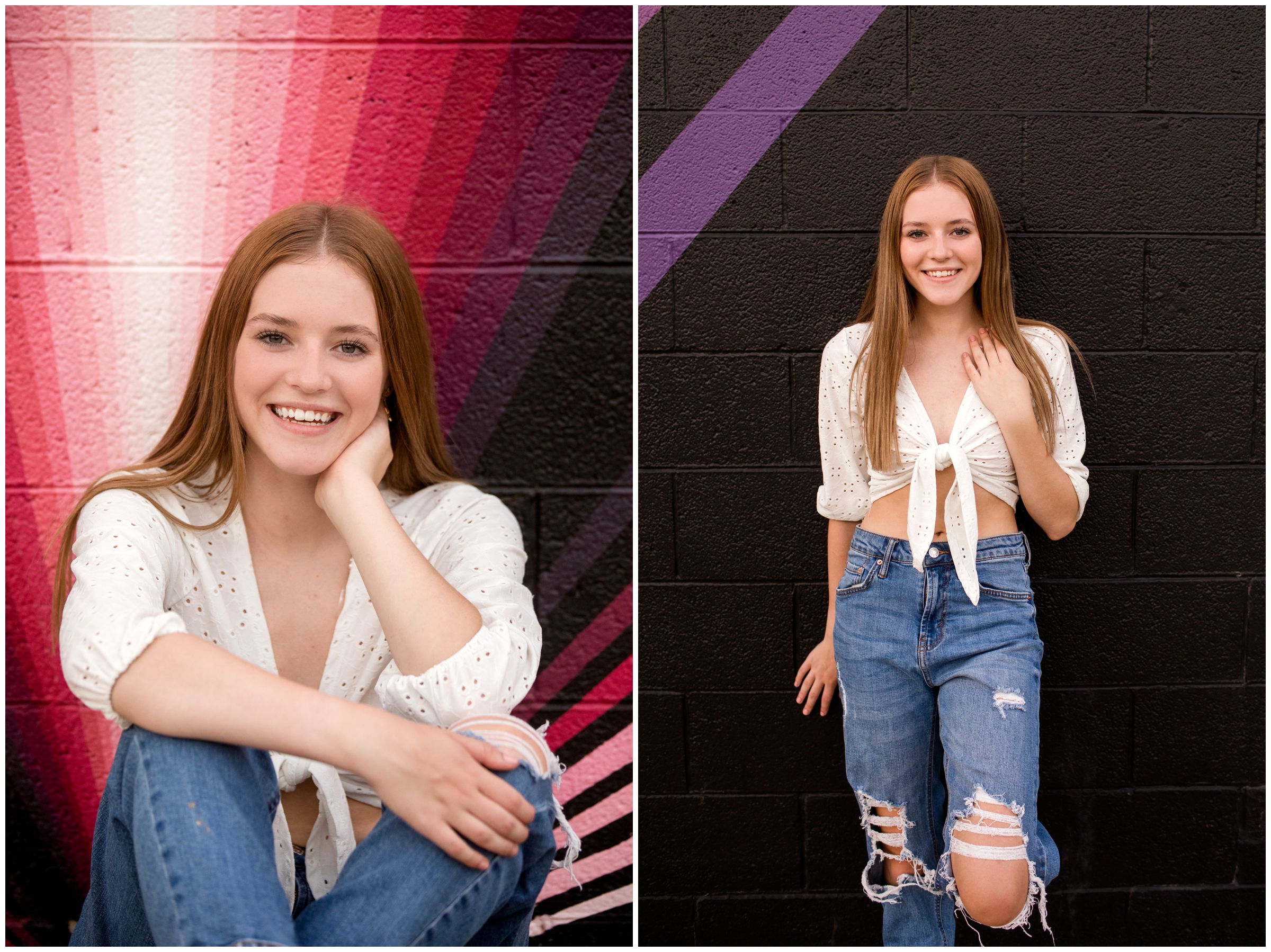 teen leaning against colorful wall mural during urban Colorado senior pictures