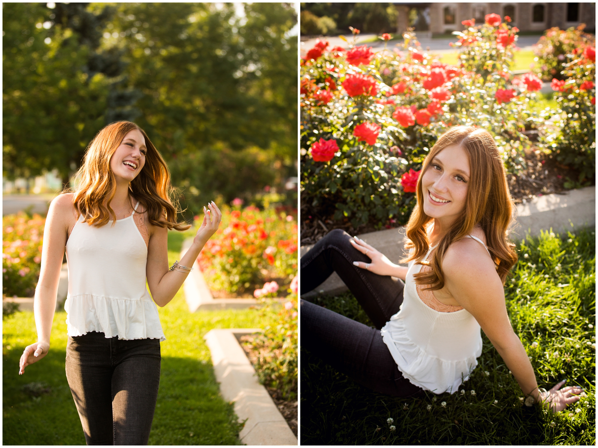 teen girl walking through rose gardens during Brighton Colorado senior pictures 