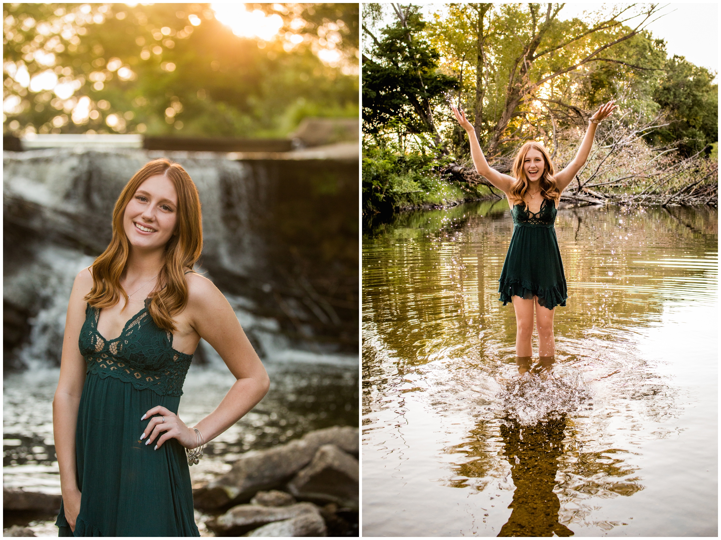 teen girl splashing in water during Longmont Colorado senior photos at Golden Ponds 