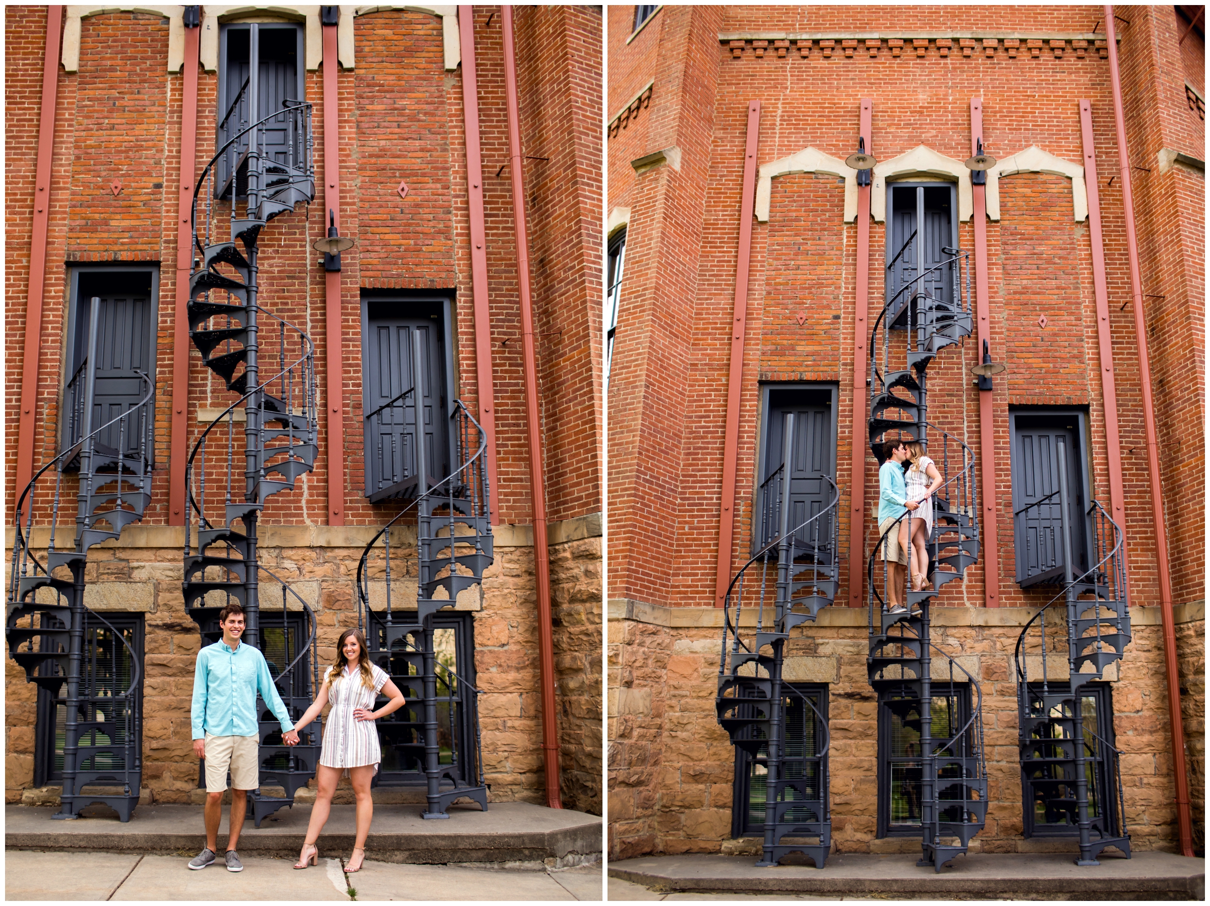 Couple kissing on Old Main spiral staircase during CU Boulder engagement photos