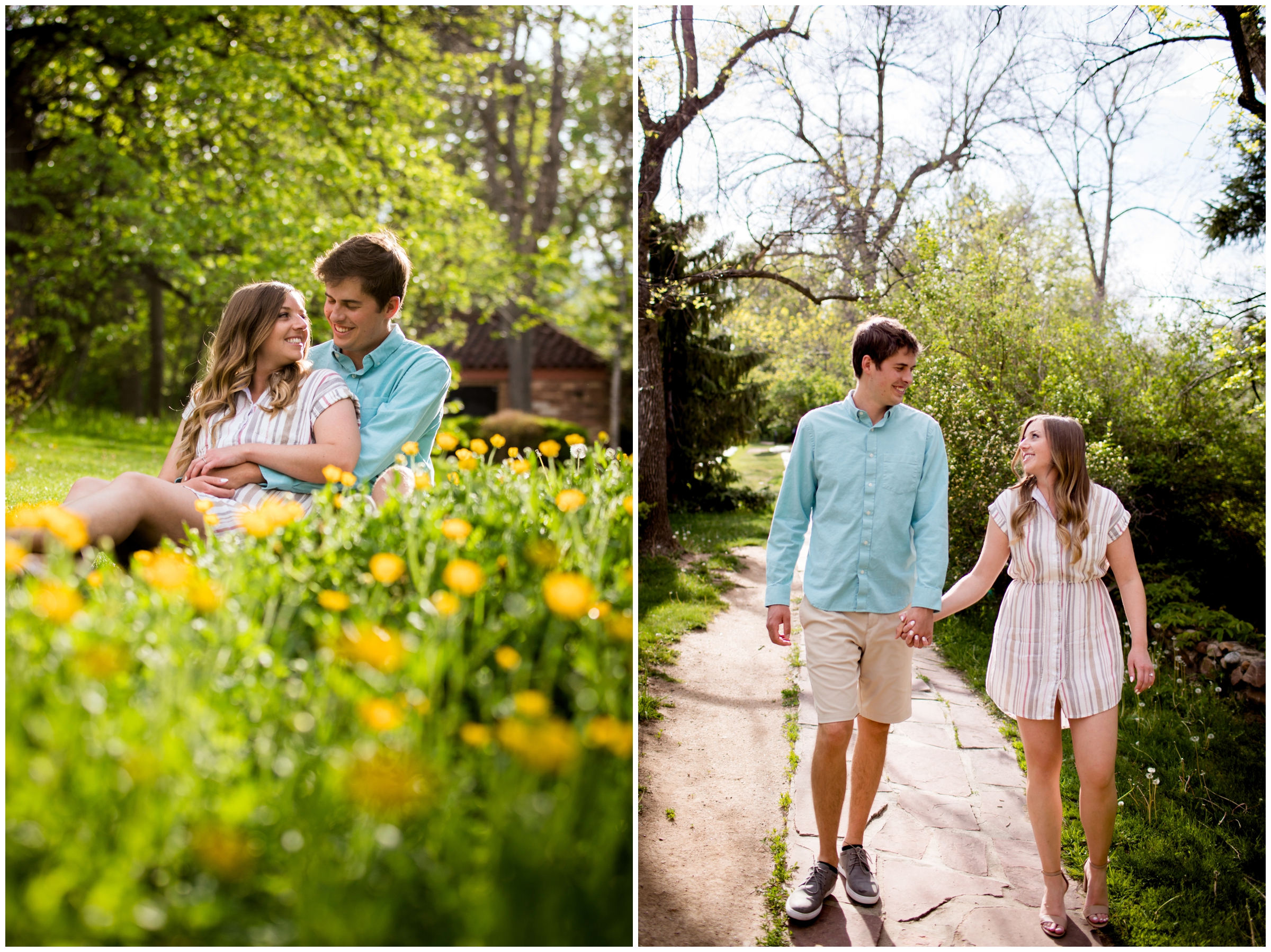 Couple sitting in flowers at CU Boulder campus during engagement photography session