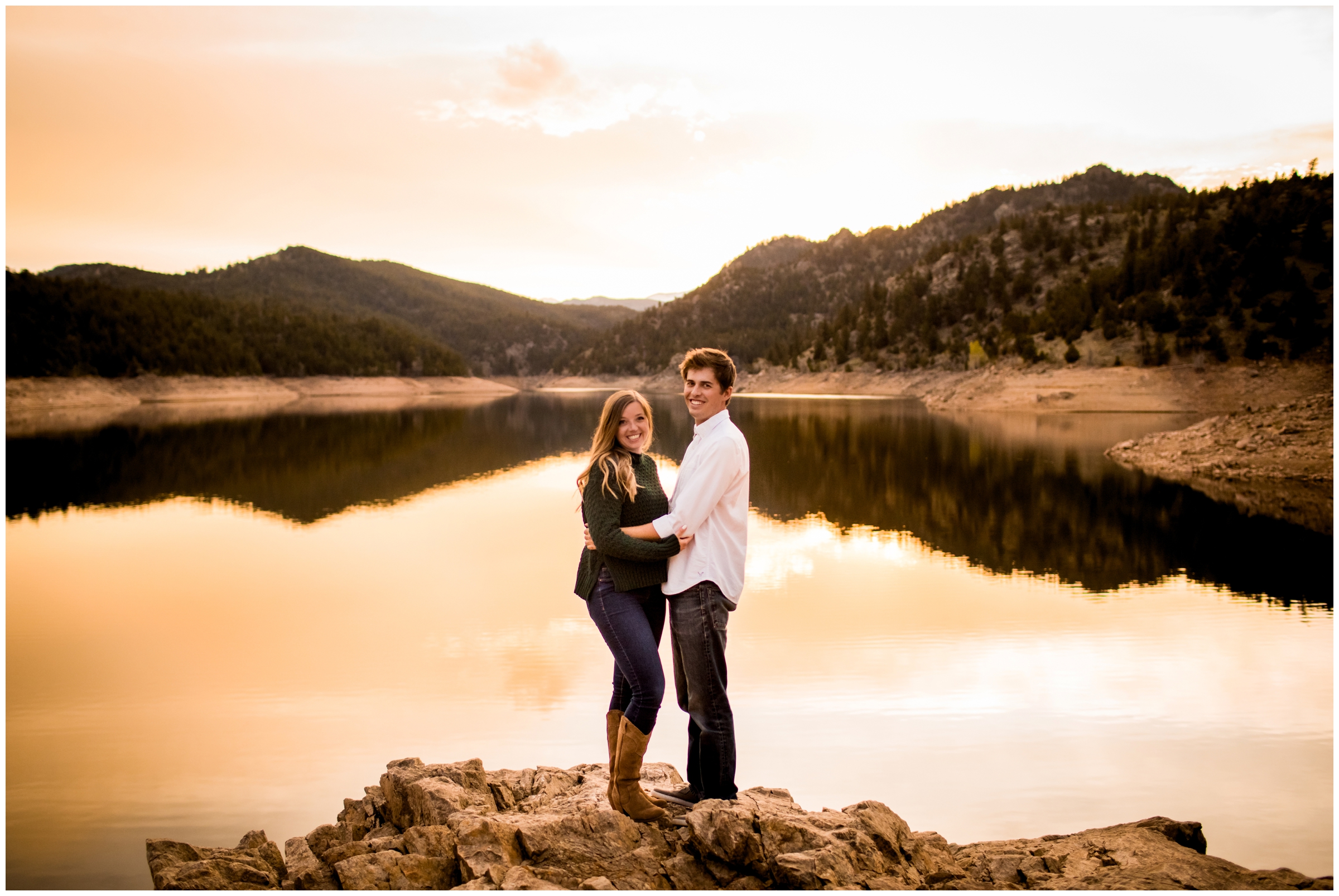 sunset golden hour engagement pictures at gross reservoir Colorado 