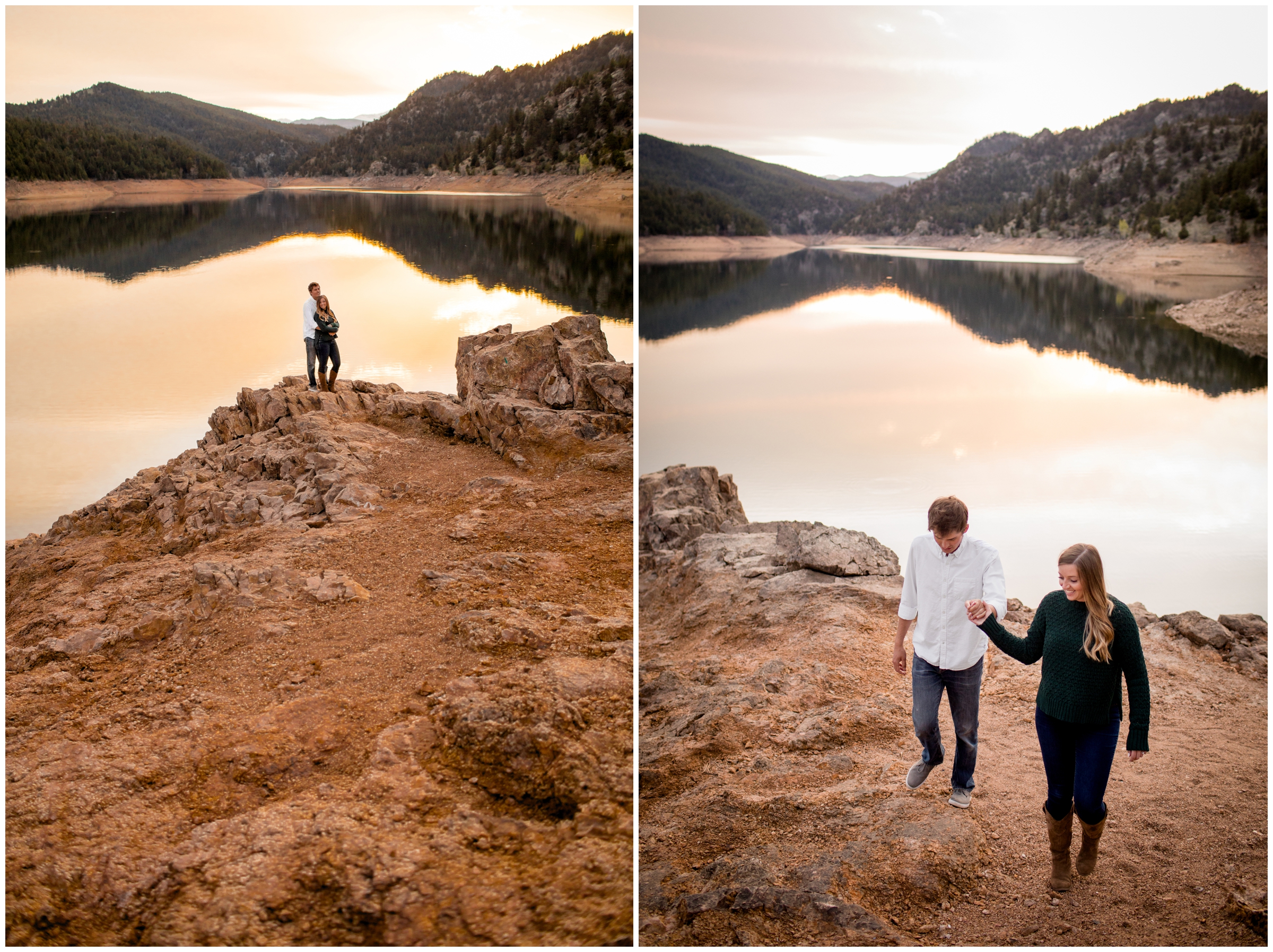 couple walking next to gross reservoir during Colorado mountain engagement pictures 