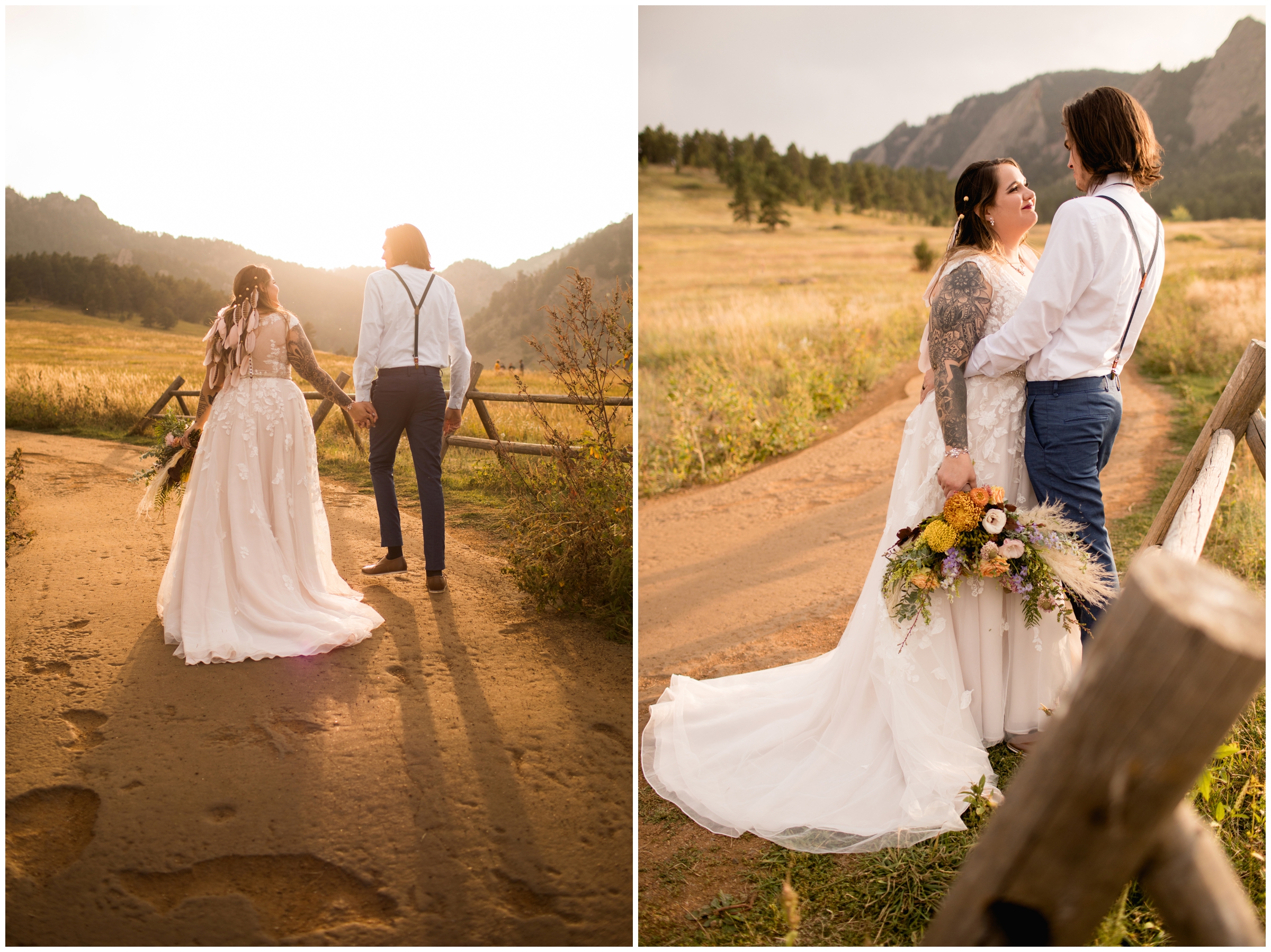 couple leaning against fence at Chautauqua wedding photos in Boulder Colorado 