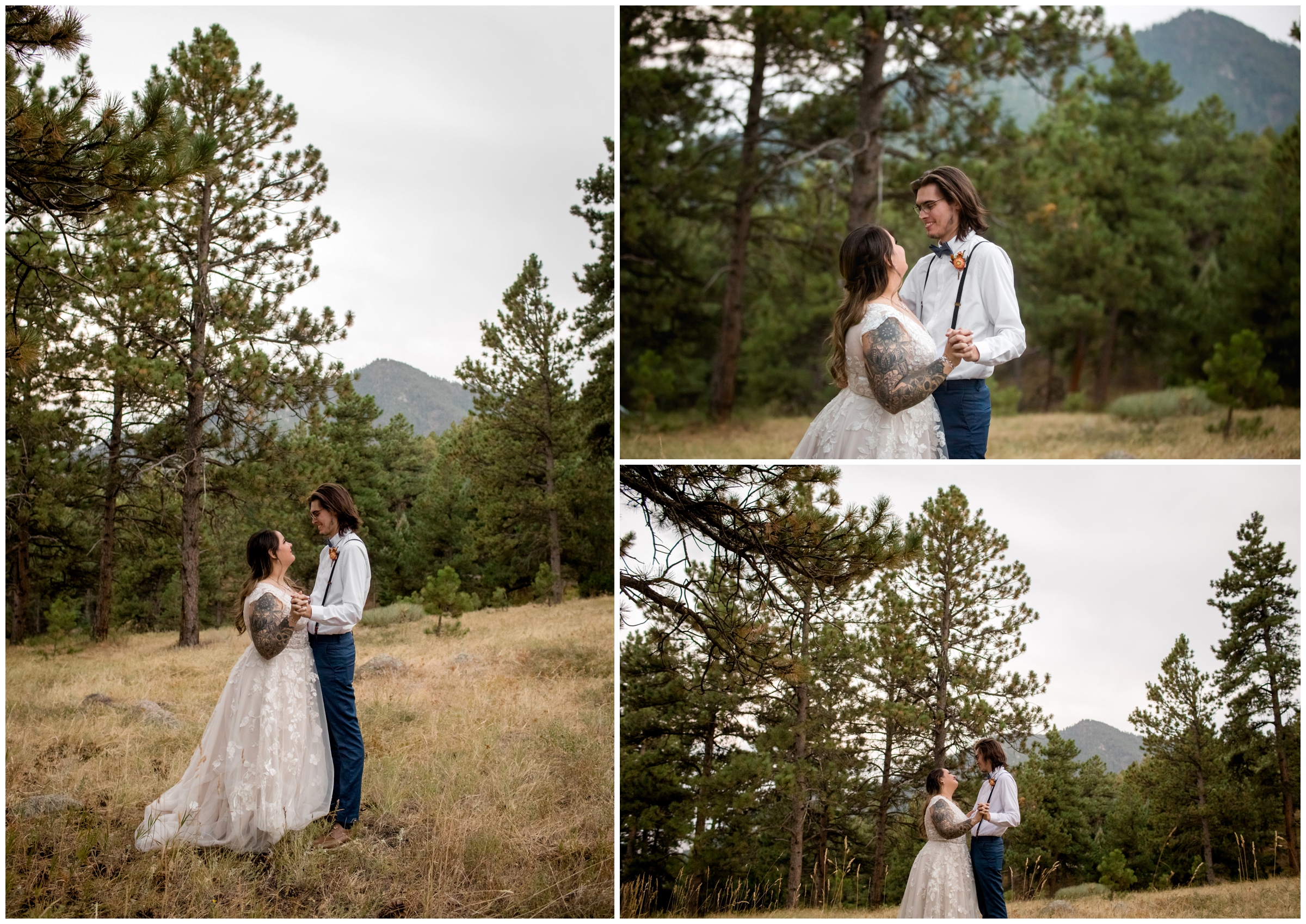 first dance in the forest with mountains in background during Boulder elopement 