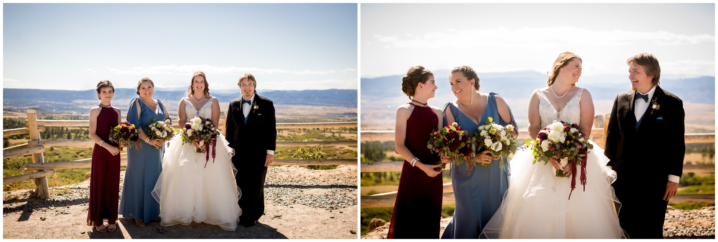 bridesmaids in blue and burgundy dresses at Colorado wedding