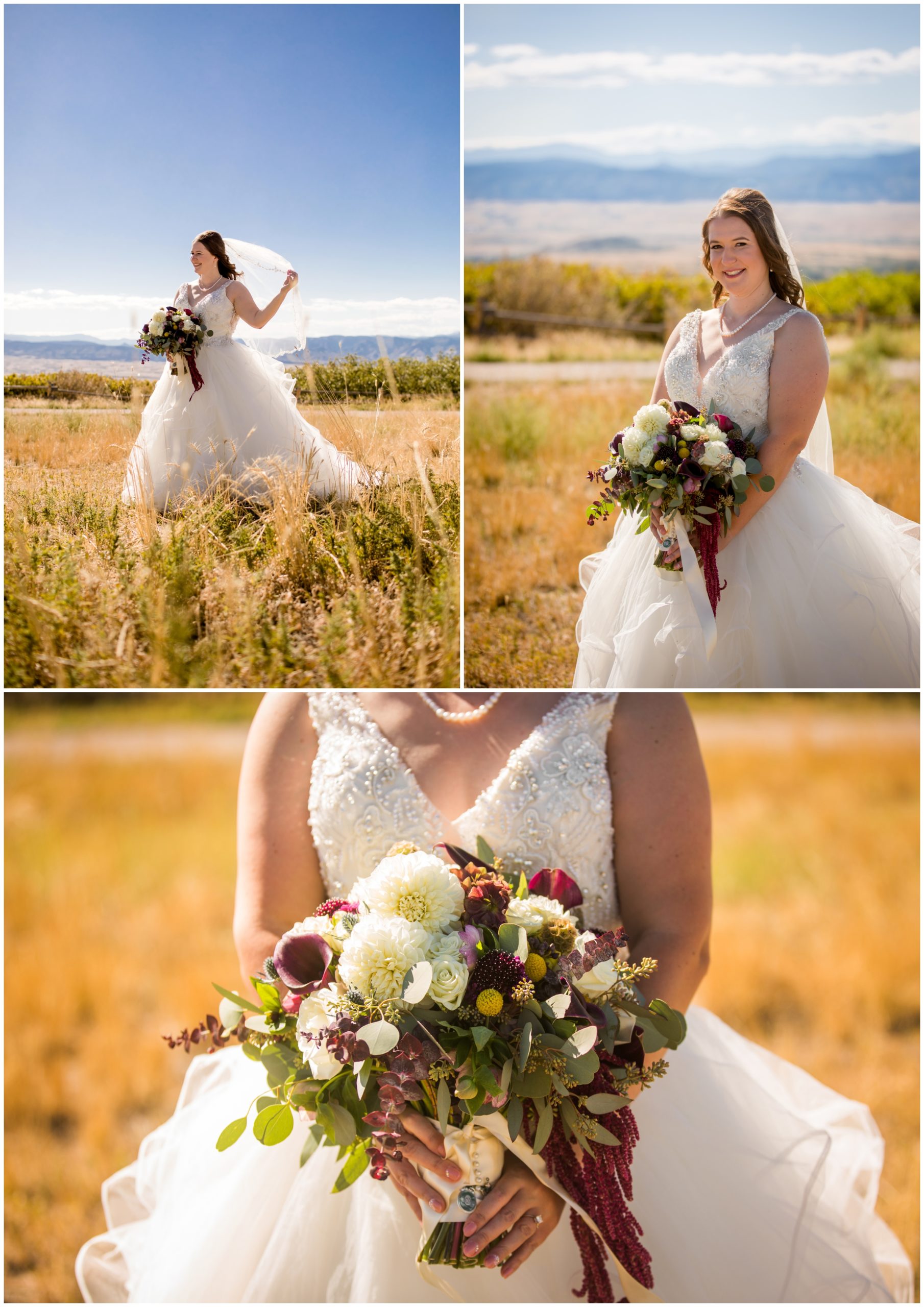 bride posing in golden field during Castle Pines wedding photos at Daniels Park