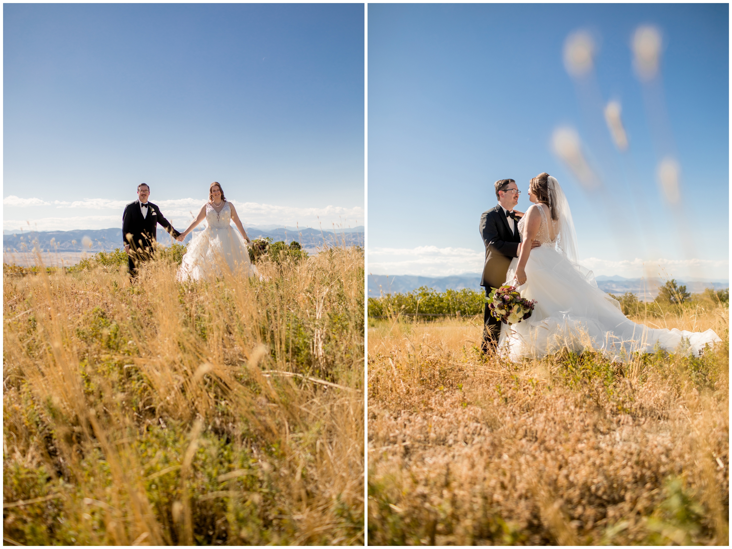 couple holding hands in field during Castle Pines wedding pictures at Daniels Park