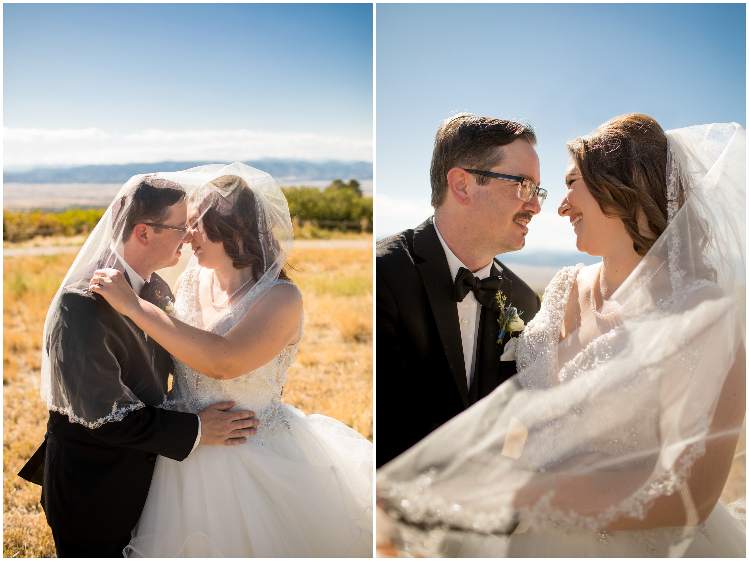 couple kissing under veil during Colorado summer mountain wedding