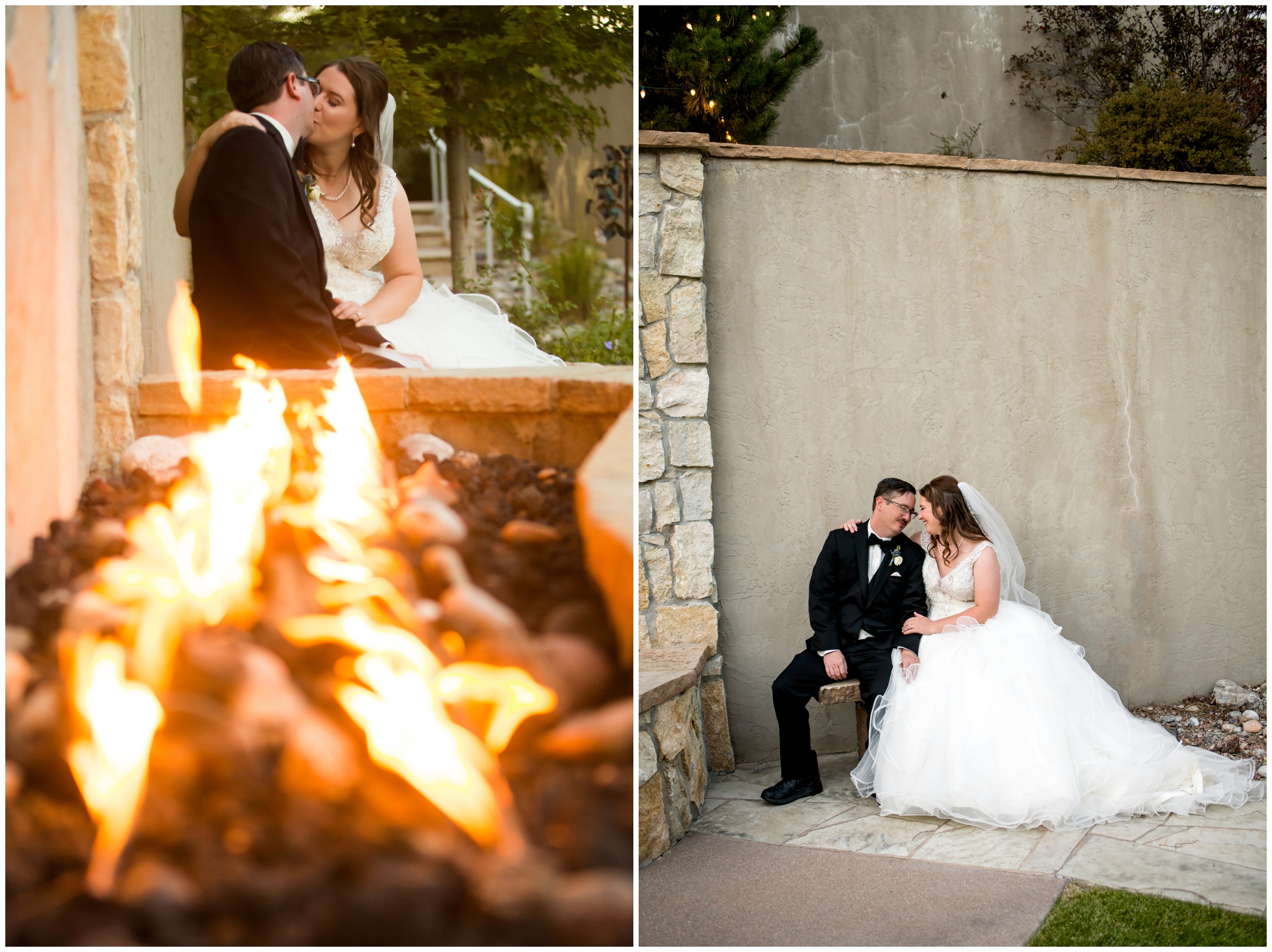bride and groom posing by outdoor fire during Colorado wedding photos at Cielo at Castle Pines 
