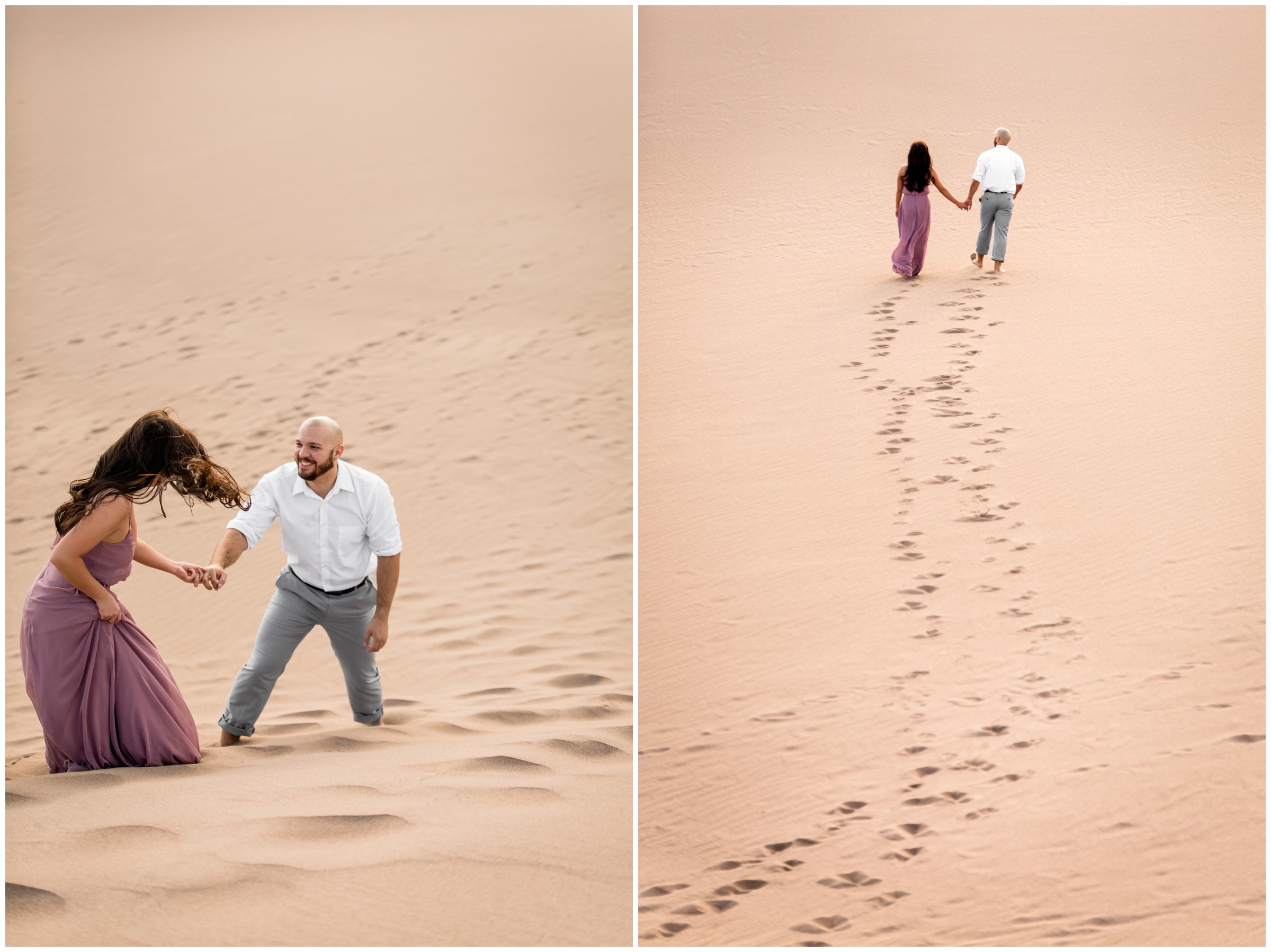 couple walking through the sand at Colorado Great Sand Dunes engagement pictures 