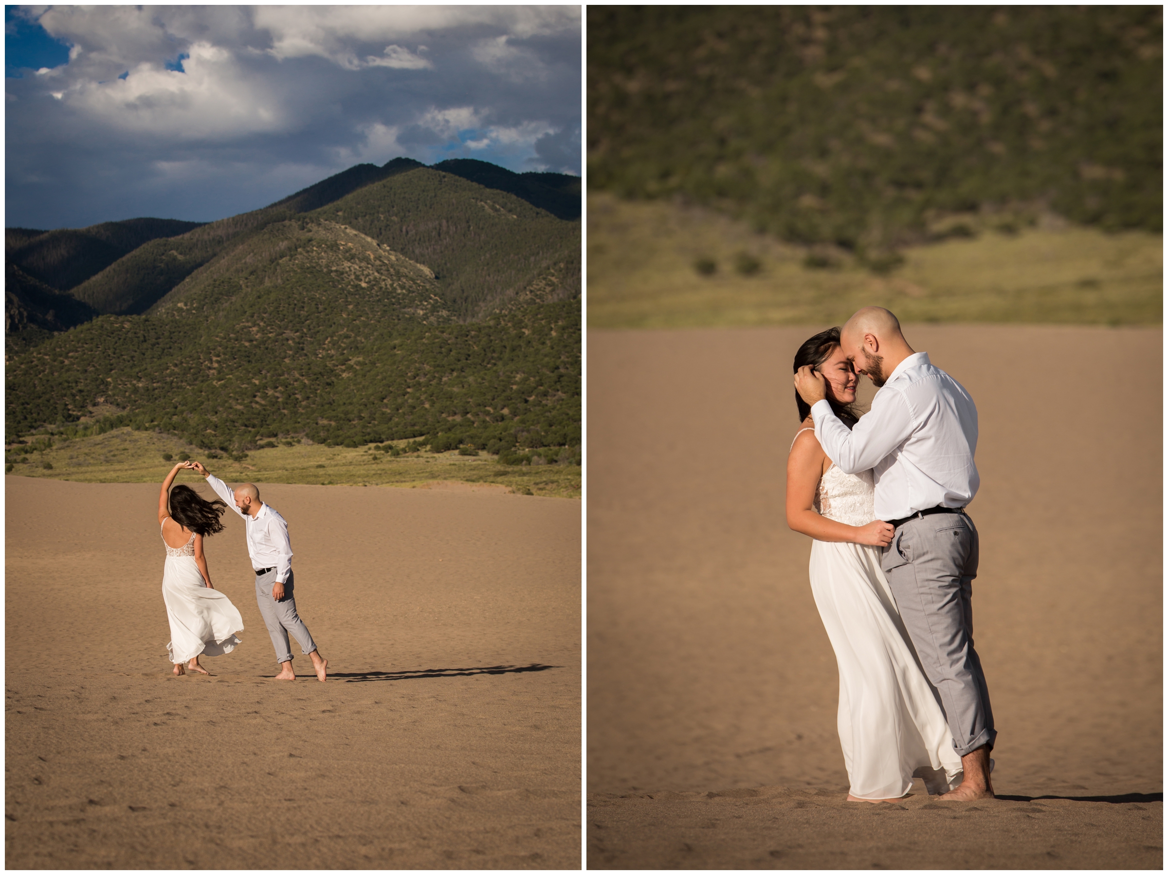 couple dancing in the sand during Colorado sand dunes engagement pictures by Plum Pretty Photo