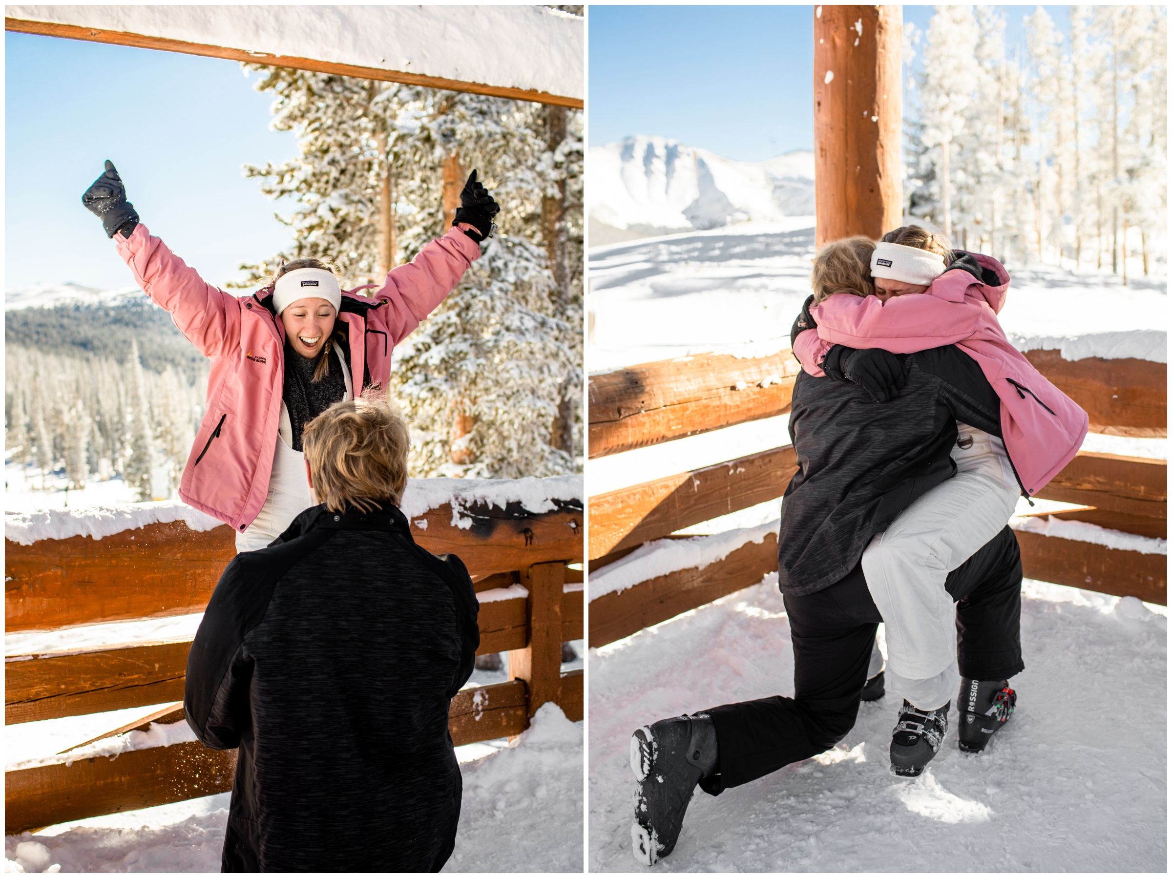 woman cheering during Winter Park Colorado ski proposal photos