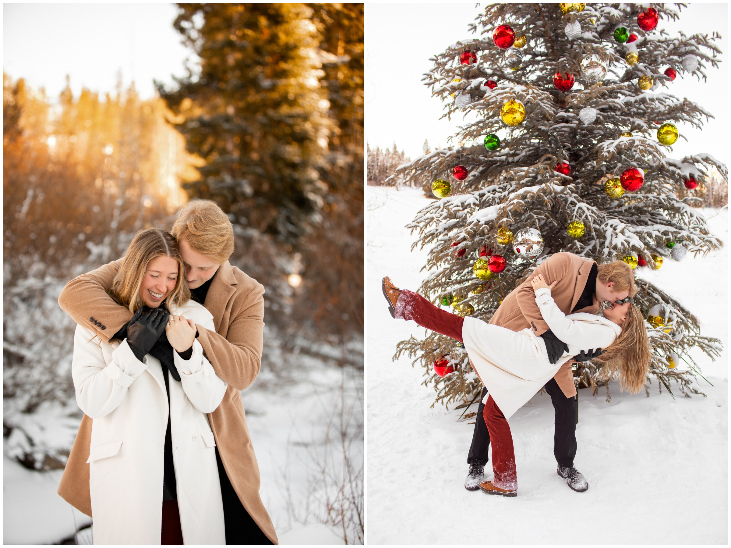 guy dipping fiancé in the snow during their Winter Park Colorado engagement pictures 