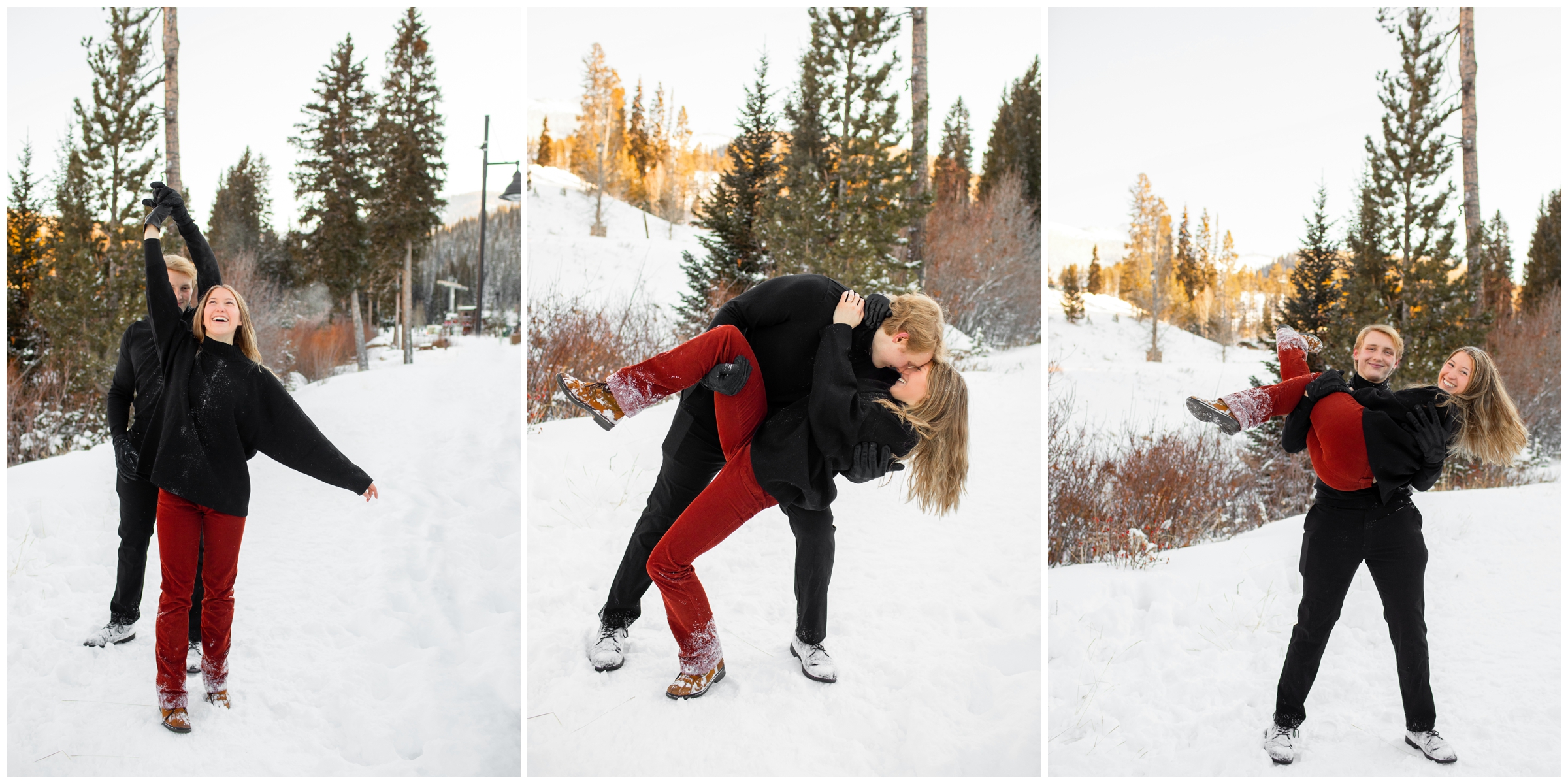 couple dancing in the snow during Winter Park Colorado engagement pictures 