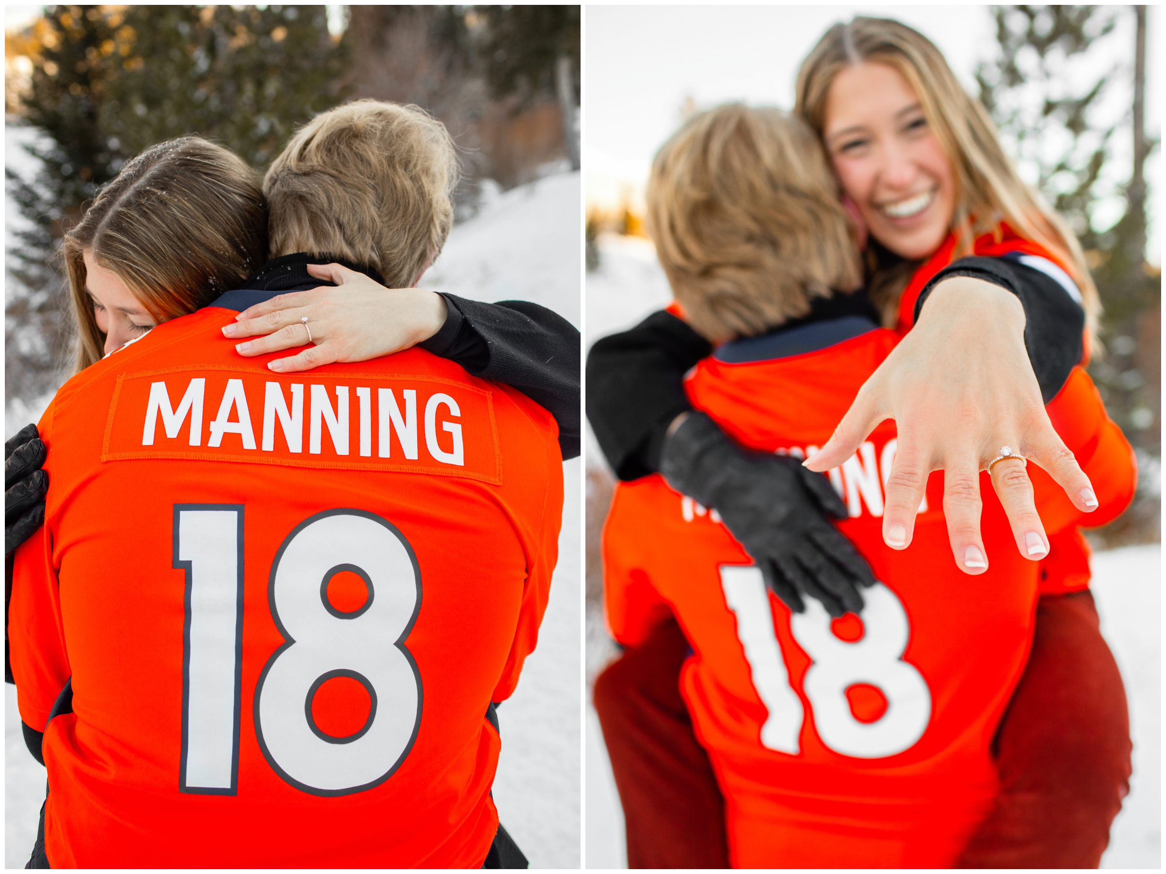 couple in Broncos jerseys during Colorado winter engagement pictures 