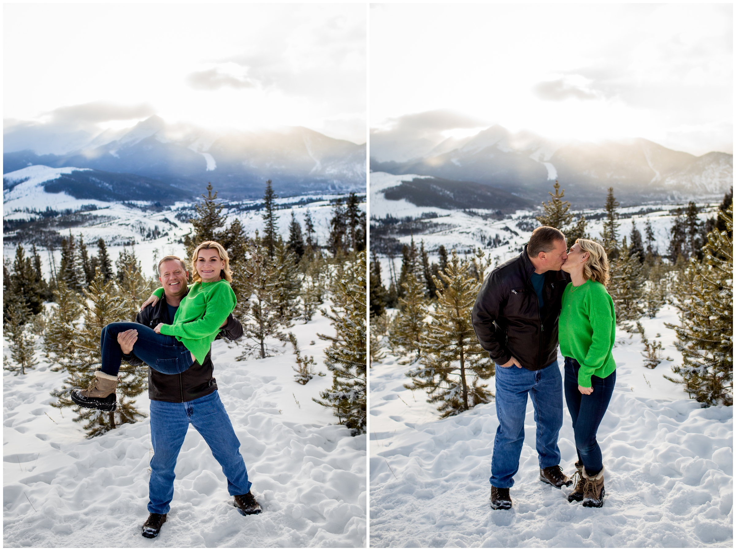 dad lifting mom during Colorado winter family photos in the mountains