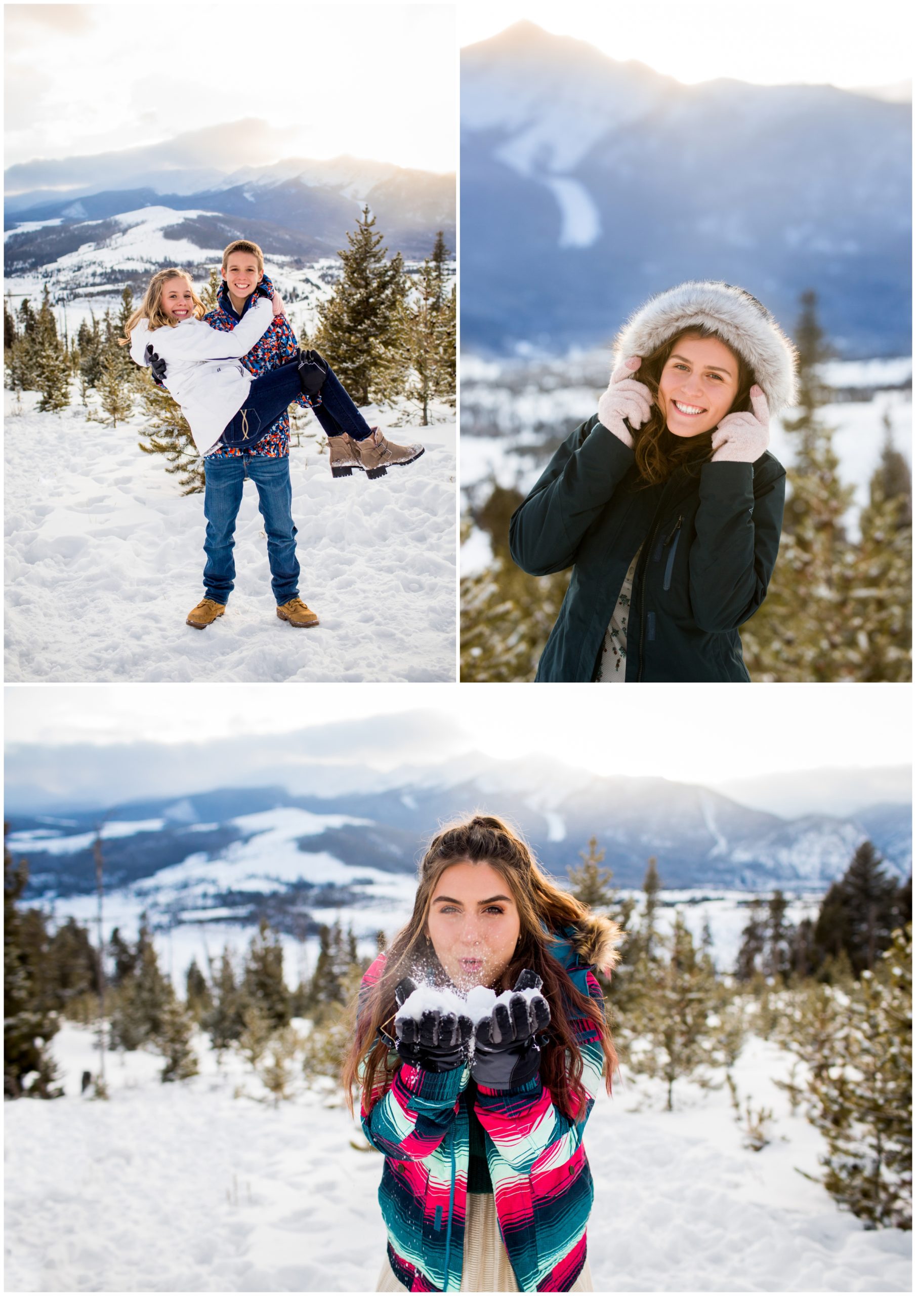 teen blowing snow during winter family portraits in the Colorado mountains 