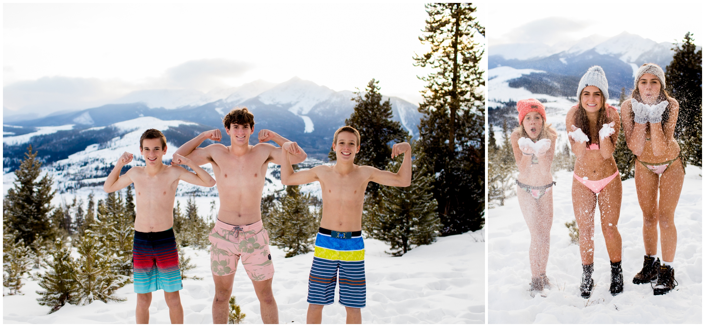 Unique family photos with family on swimsuits in the snow in Breckenridge Colorado