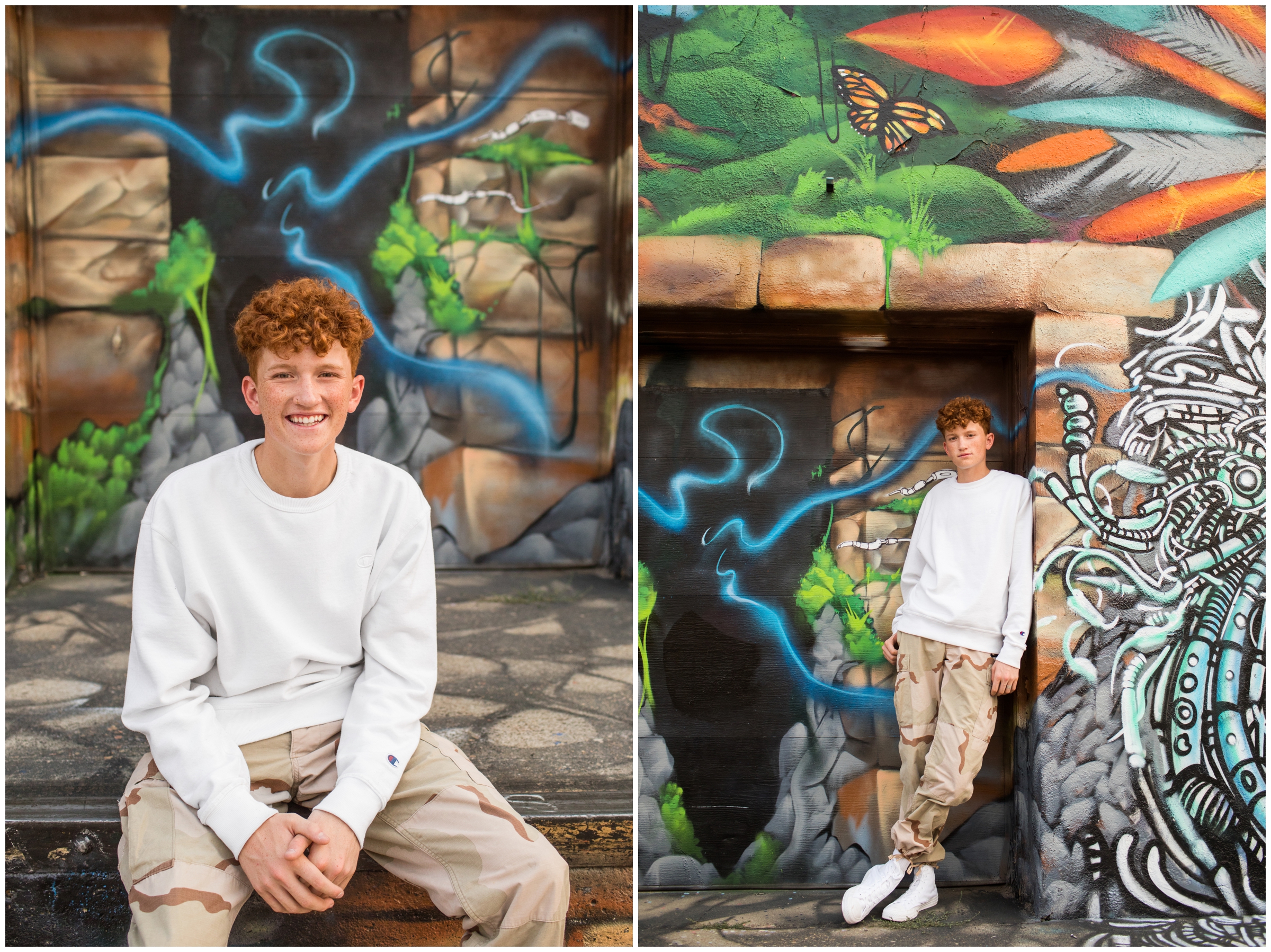 Teen boy posing with colorful wall murals during RINO district Denver portraits 