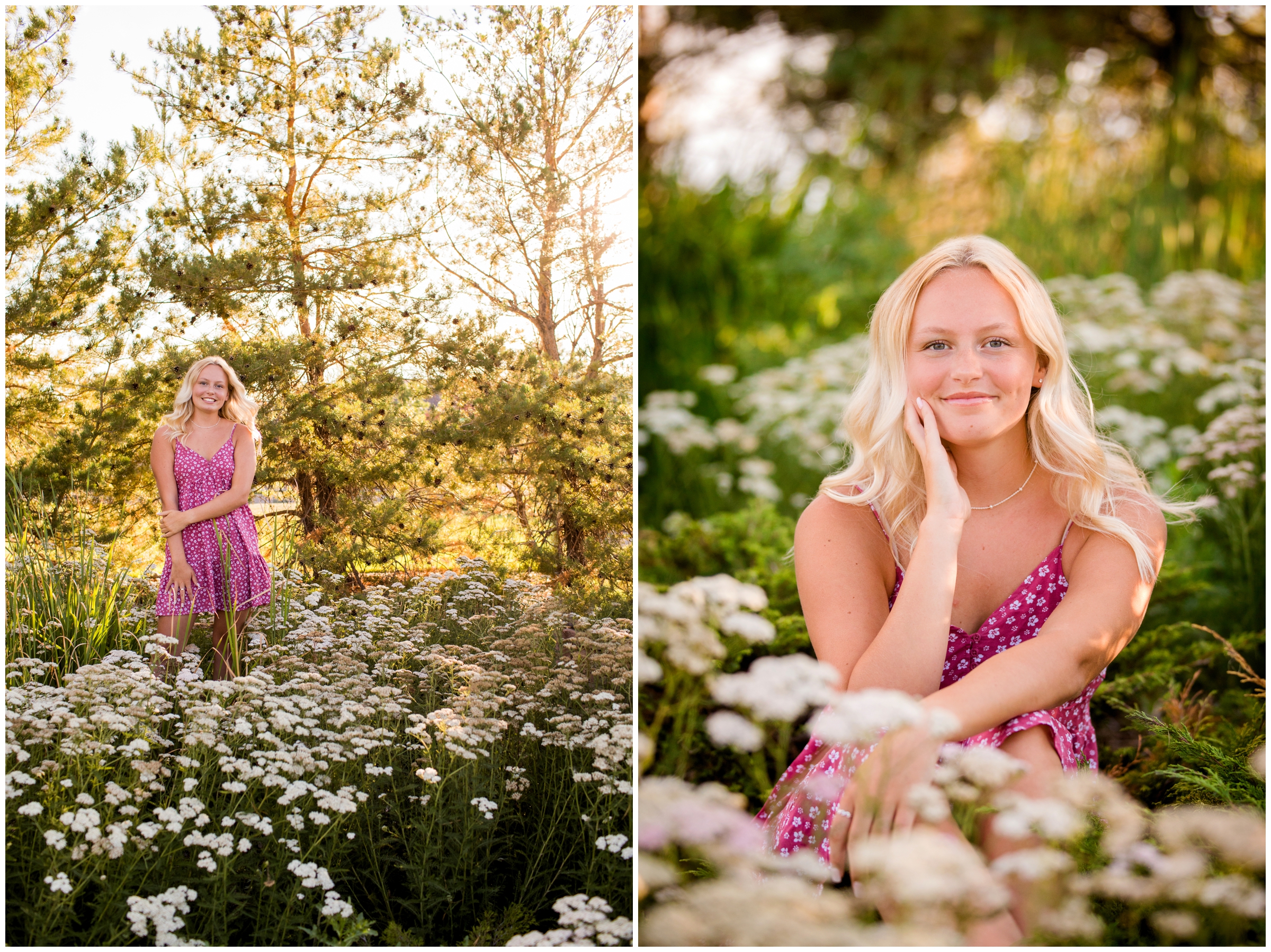 teen girl sitting in flower field in Erie Colorado during summer senior pictures 