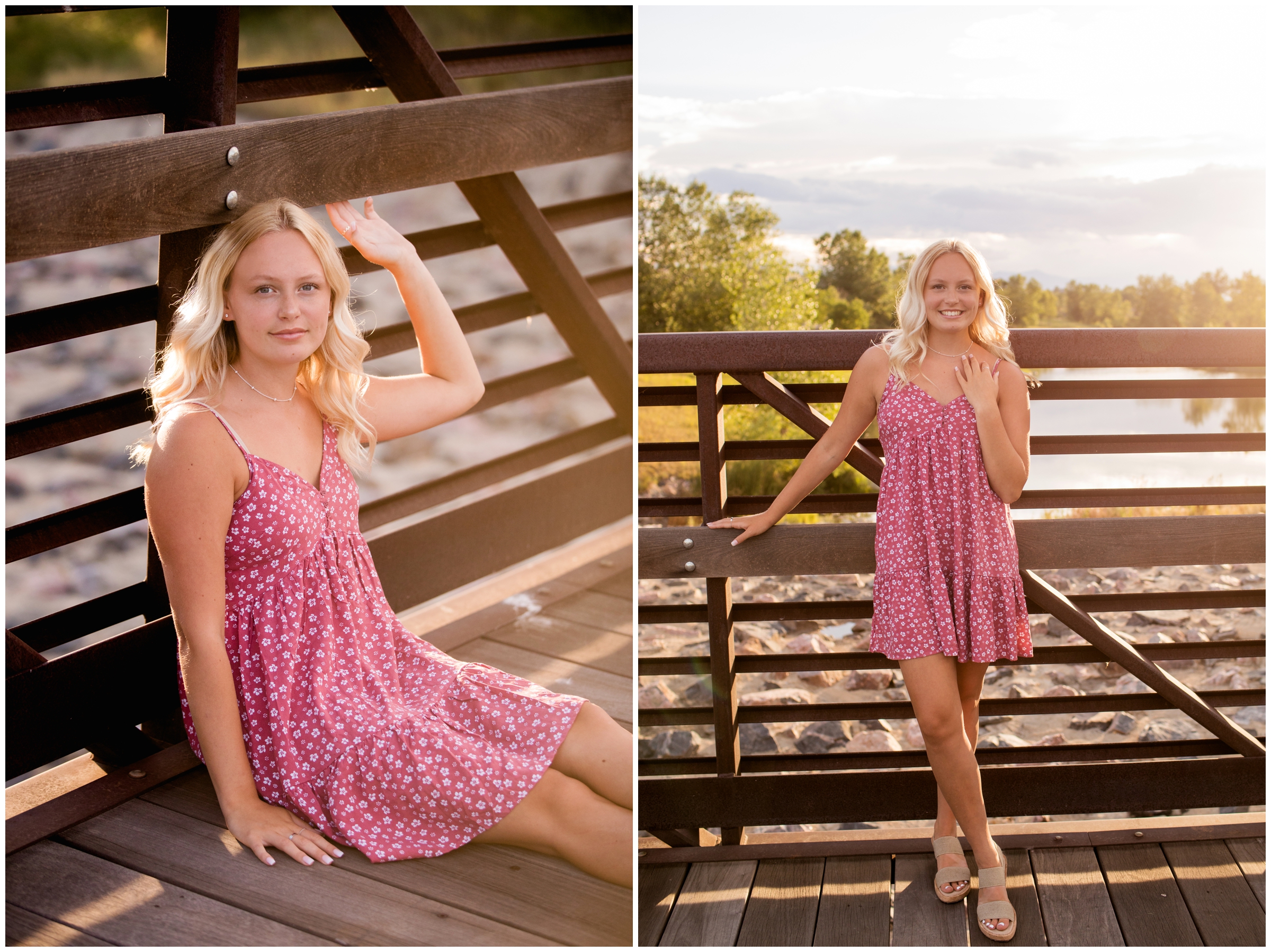 teen girl sitting on bridge during Colorado summer senior photography session 