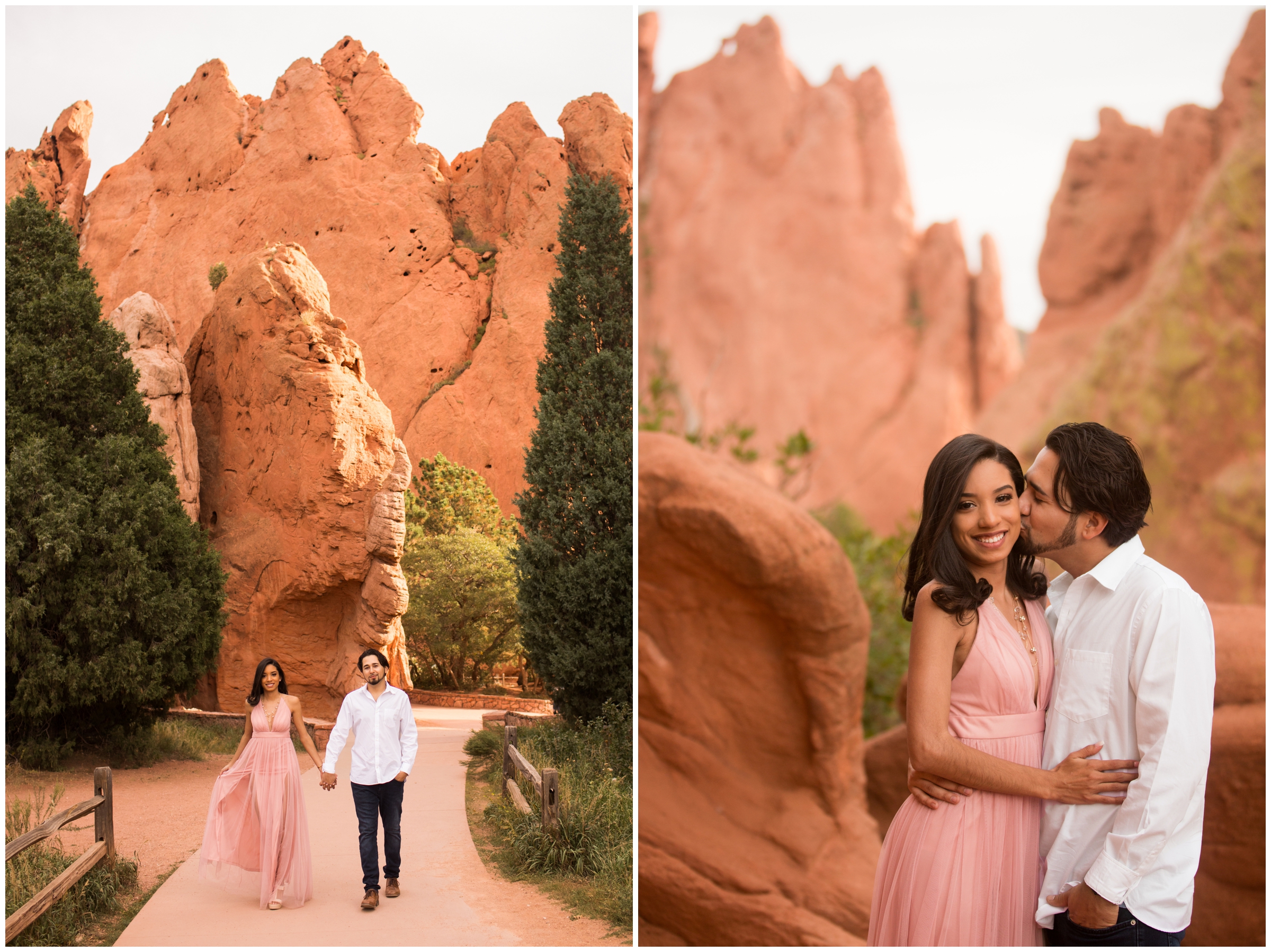 couple walking through rock formations during Colorado springs engagement pictures at Garden of the Gods