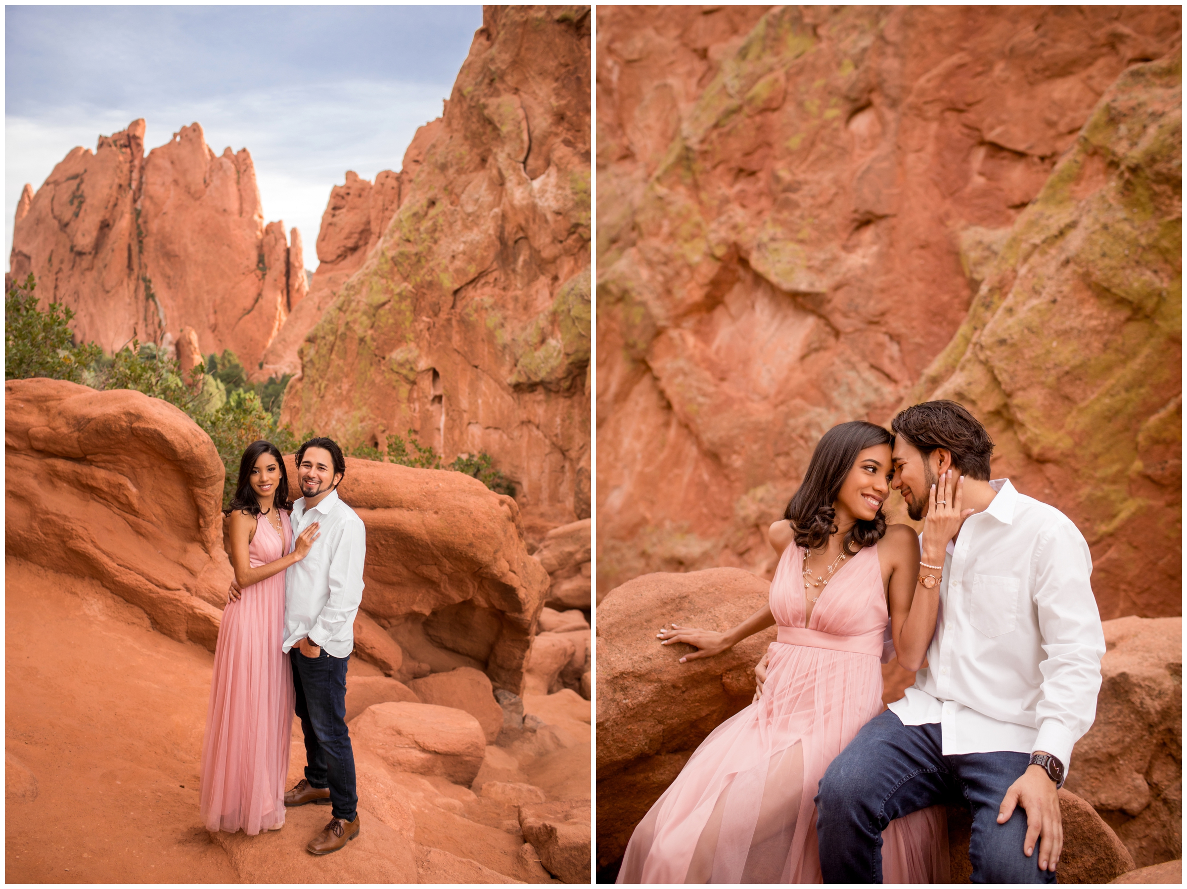couple sitting on rocks during Garden of the Gods engagement portraits 