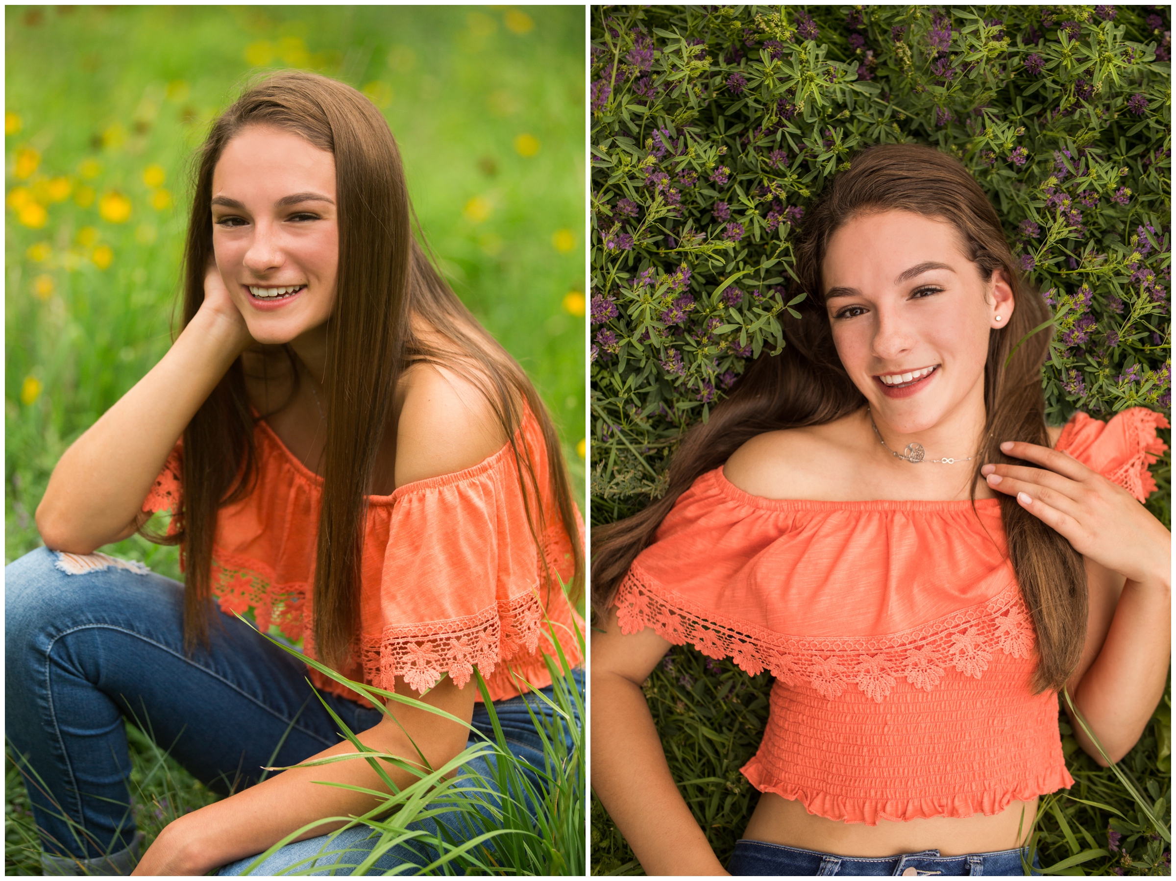 teen laying in flower field during Colorado senior portraits by Plum Pretty Photo 