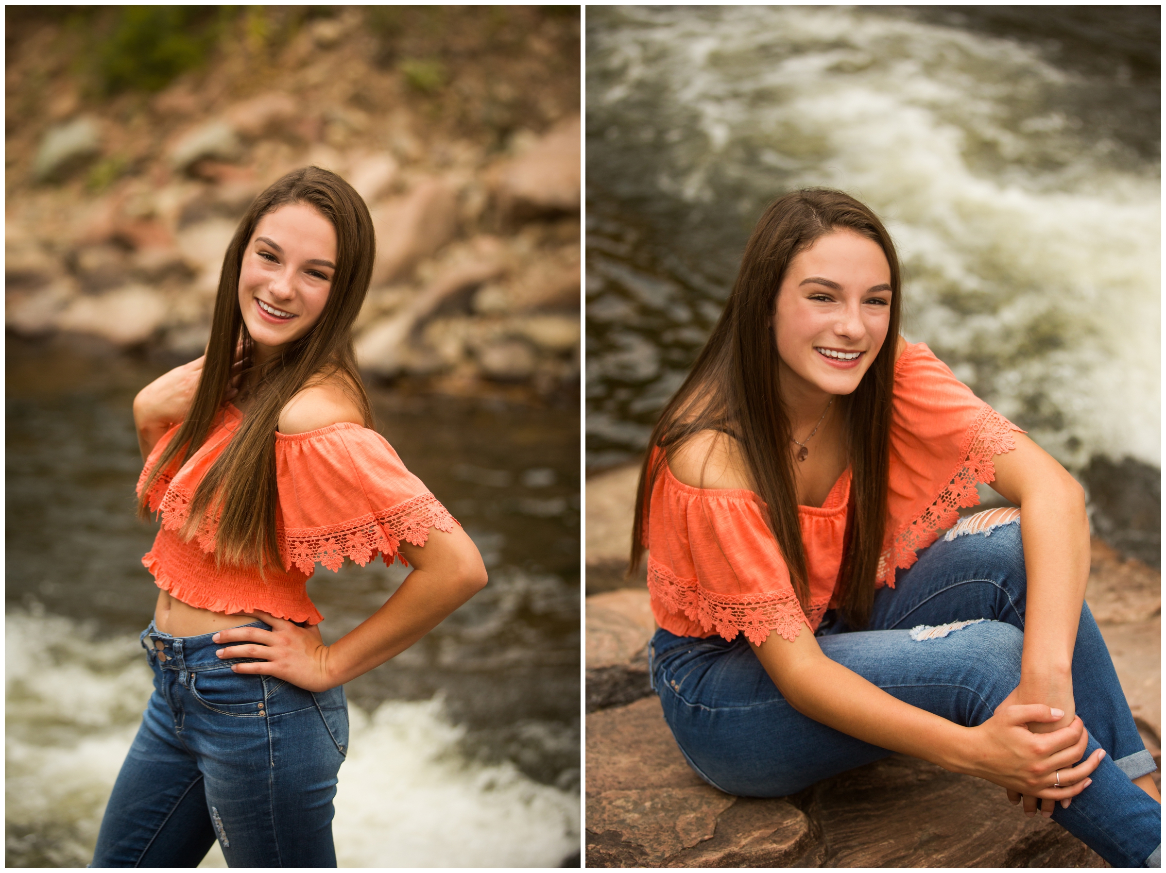 teen posing by river during Lyons Colorado senior photography session 