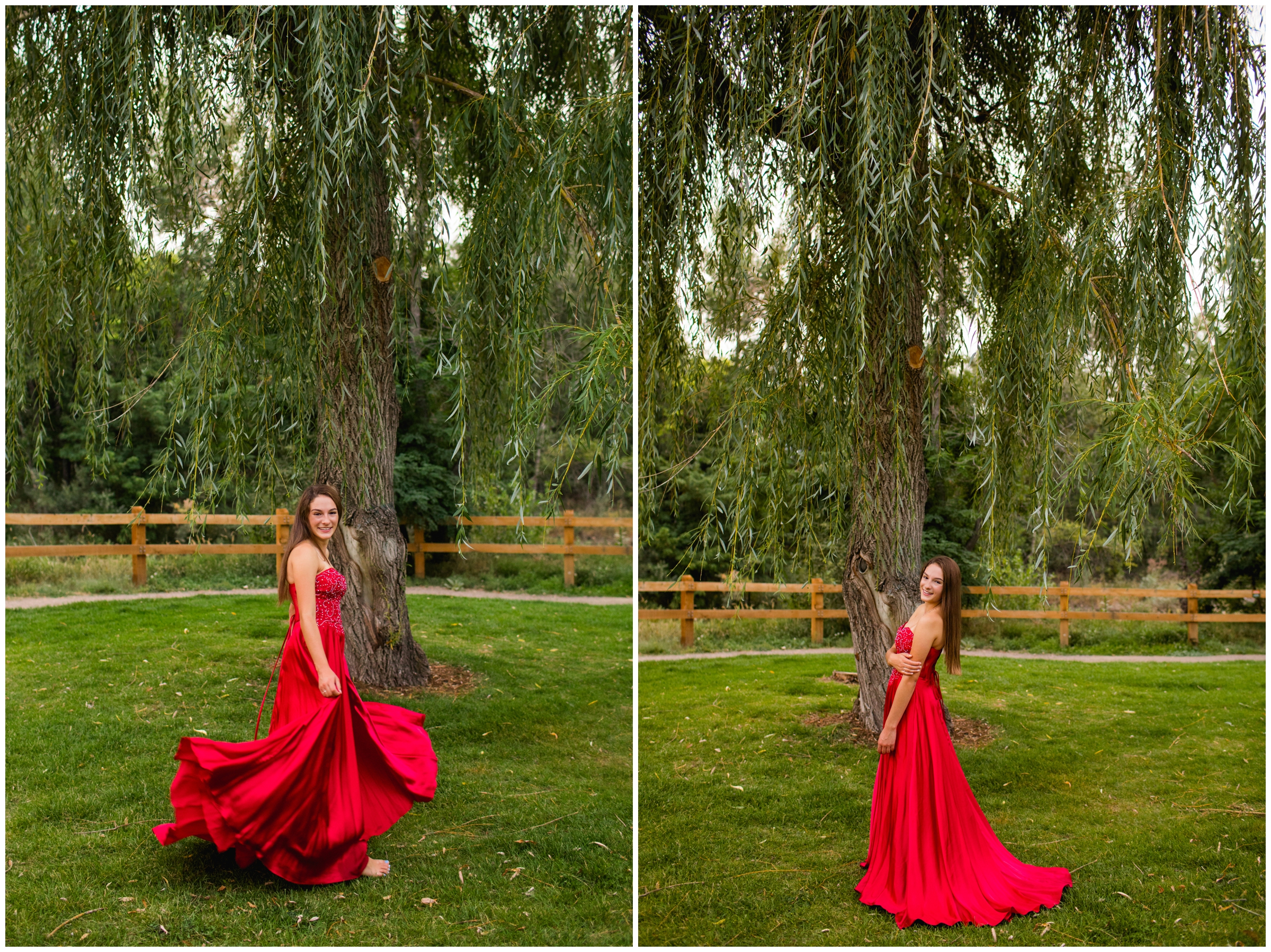 teen twirling in prom dress during Bohn Park Colorado senior portraits 