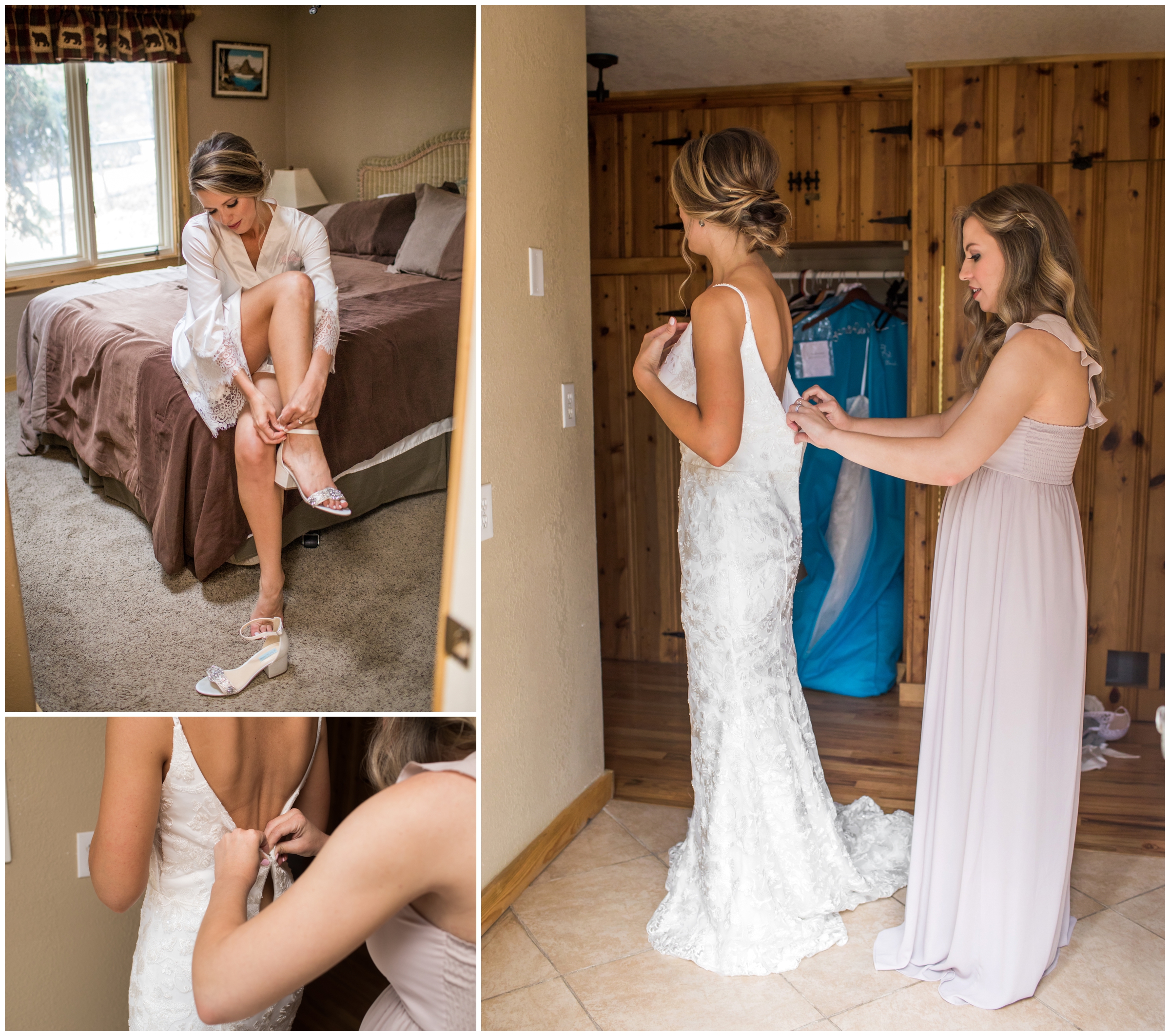 bride getting ready in cabin in mountains