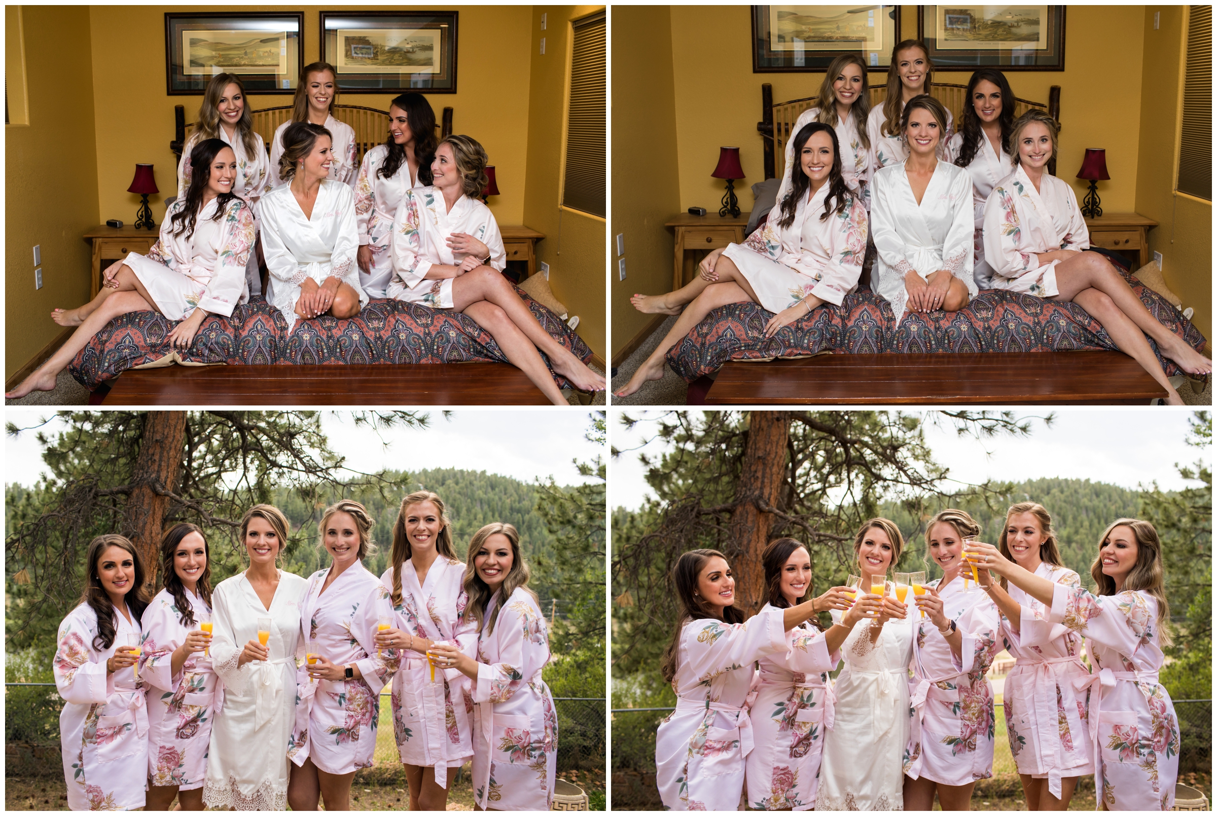 bridesmaids in light pink floral robes before wedding