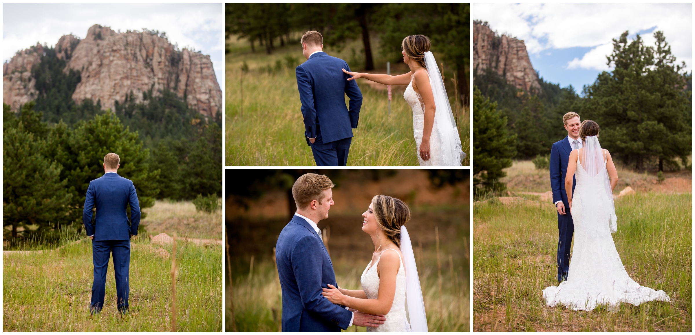 bride and groom first look during Colorado mountain wedding at Mountain View ranch wedgewood 
