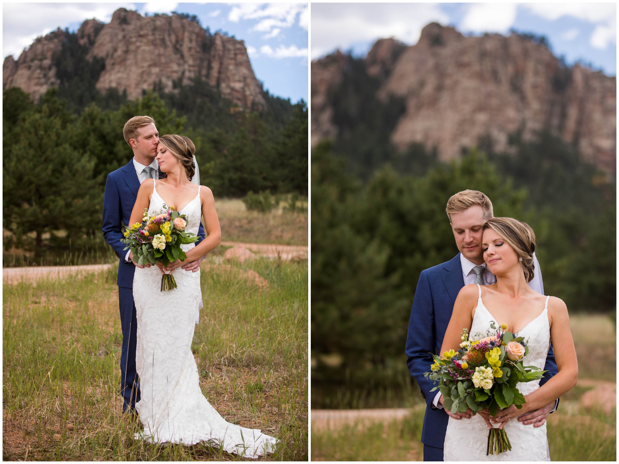 couple cuddling during Colorado mountain summer wedding 