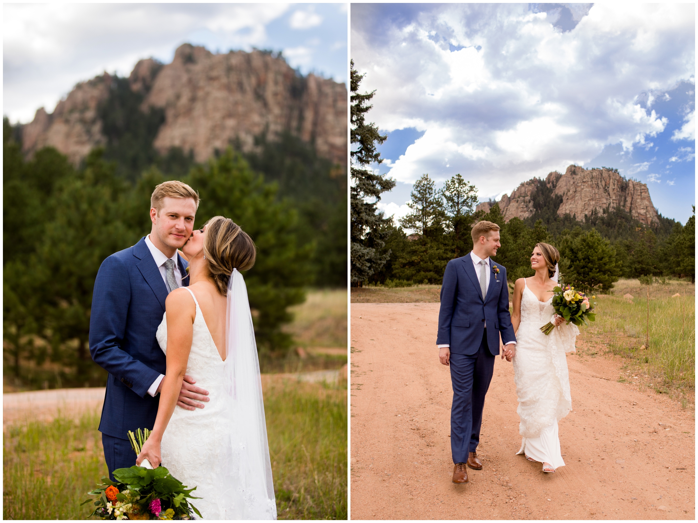 bride and groom walking down dirt road with mountains in background at Mountain View Ranch wedgewood wedding