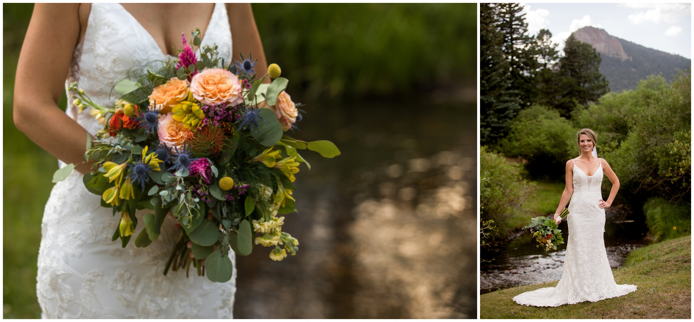 bride with colorful bouquet posing in front of mountain river during wedgewood Mountain View Ranch in Colorado 