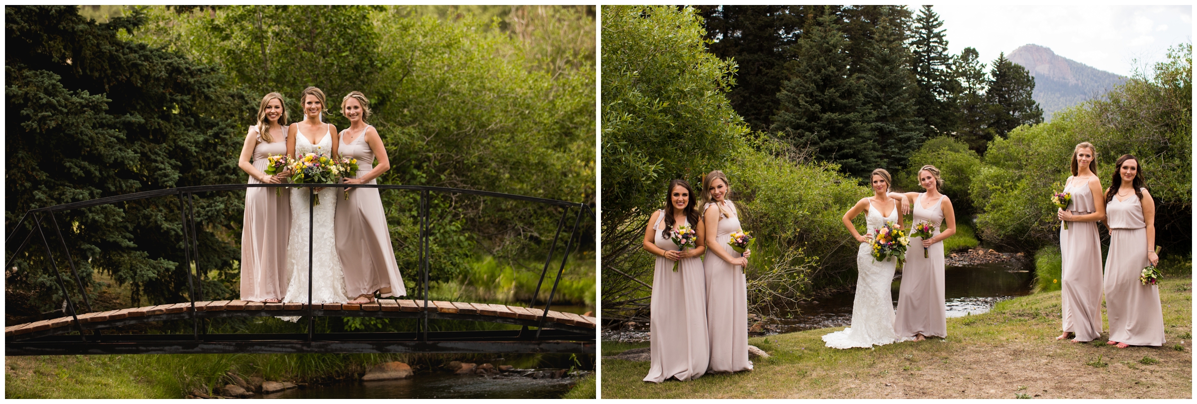 bridesmaids posing on bridge during Mountain View Ranch Wedgewood wedding portraits 