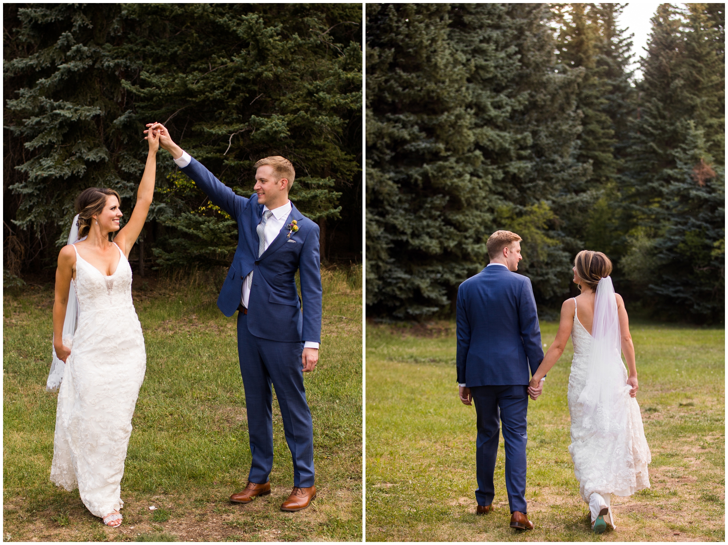 bride and groom dancing in forest during Pine Colorado romantic portraits 