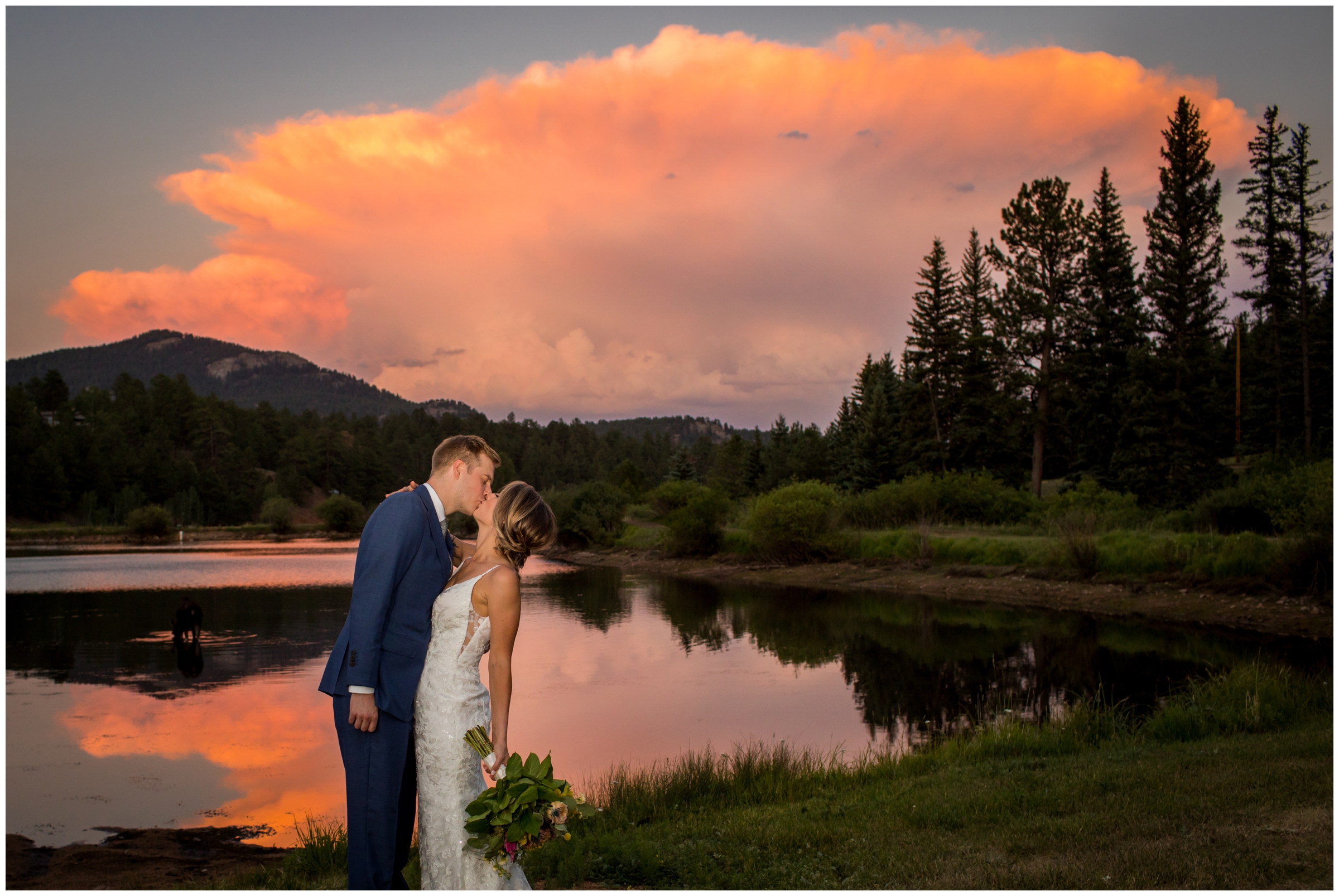 colorful wedding sunset portraits at Mountain View Ranch Wedgewood wedding by Colorado wedding photographer Plum Pretty Photo