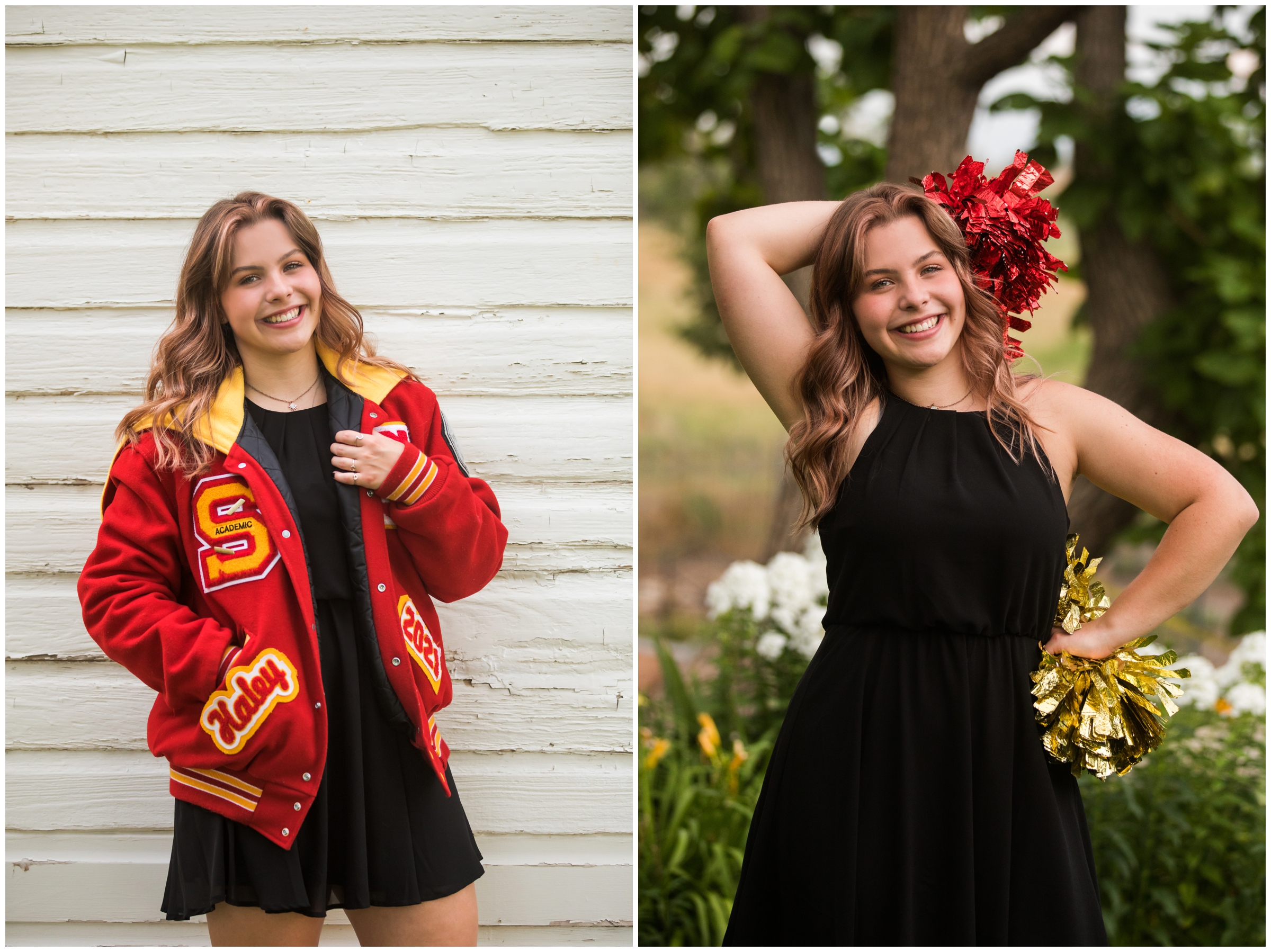 teen posing with cheerleading pom poms during Longmont Colorado senior pictures 