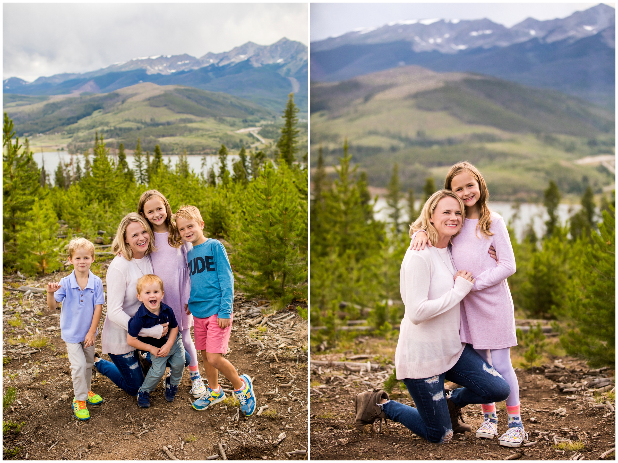 Mom and daughter hugging during Colorado mountain family portraits at sapphire point