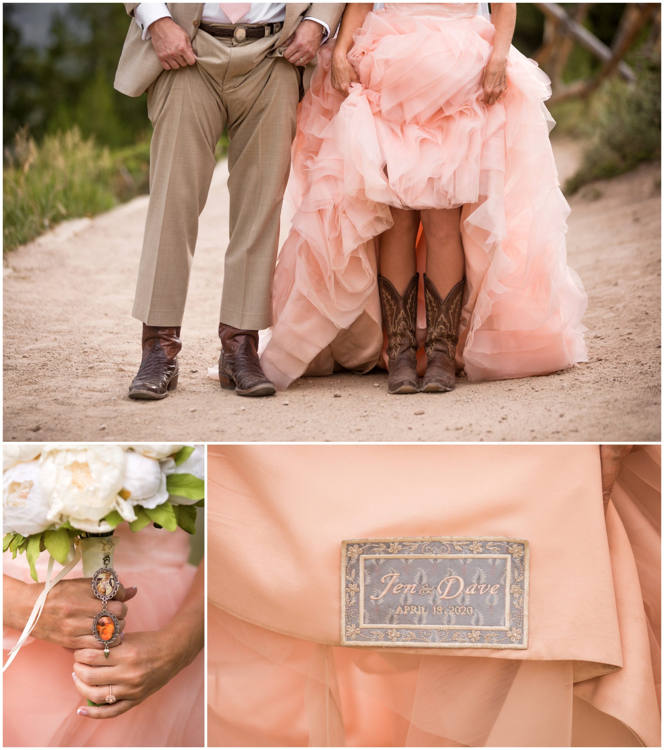 Bride with pink dress and cowgirl boots